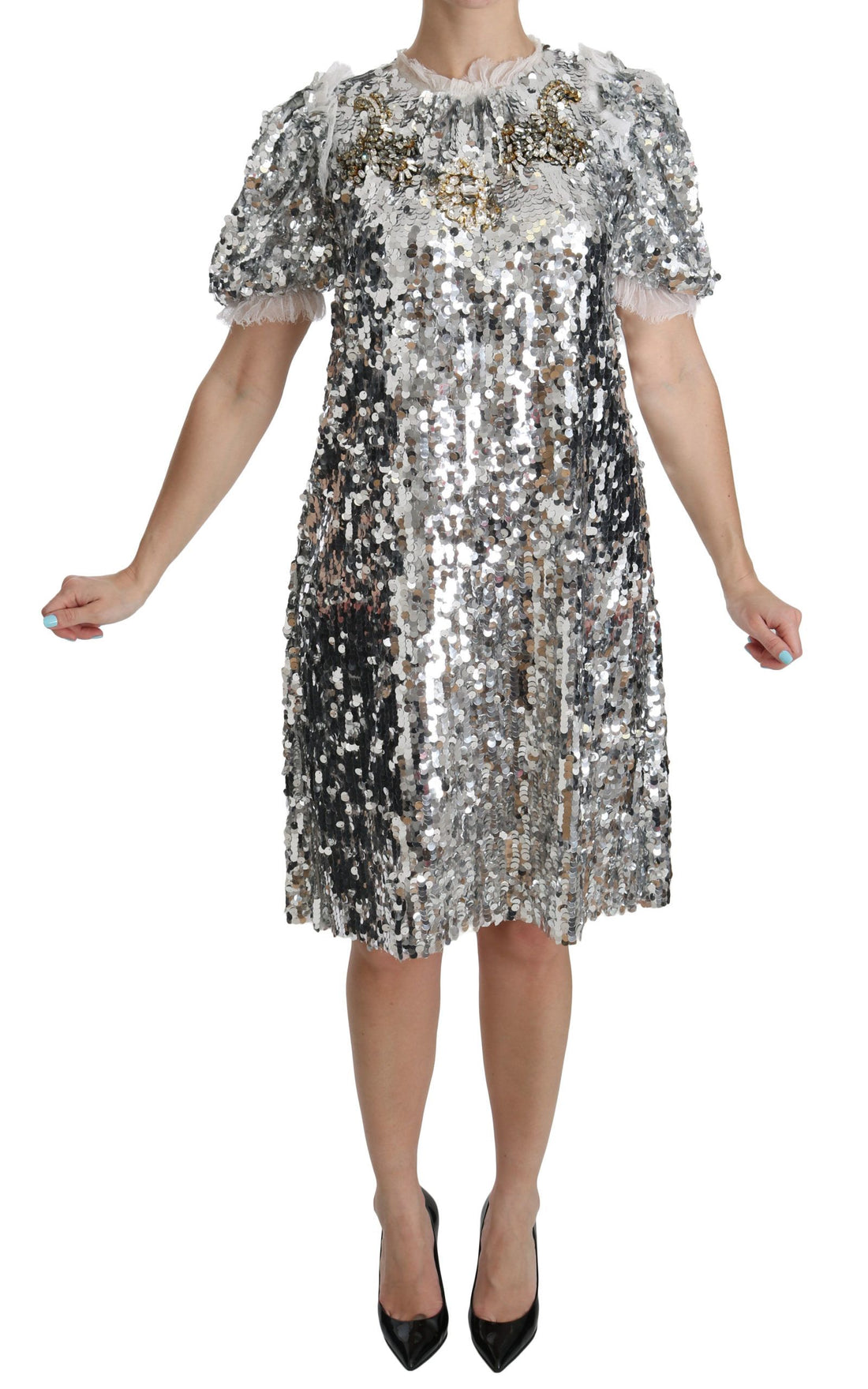 Dolce & Gabbana Silver Sequined Crystal Shift Gown Dress - Whispers Of Wisdom Clothing