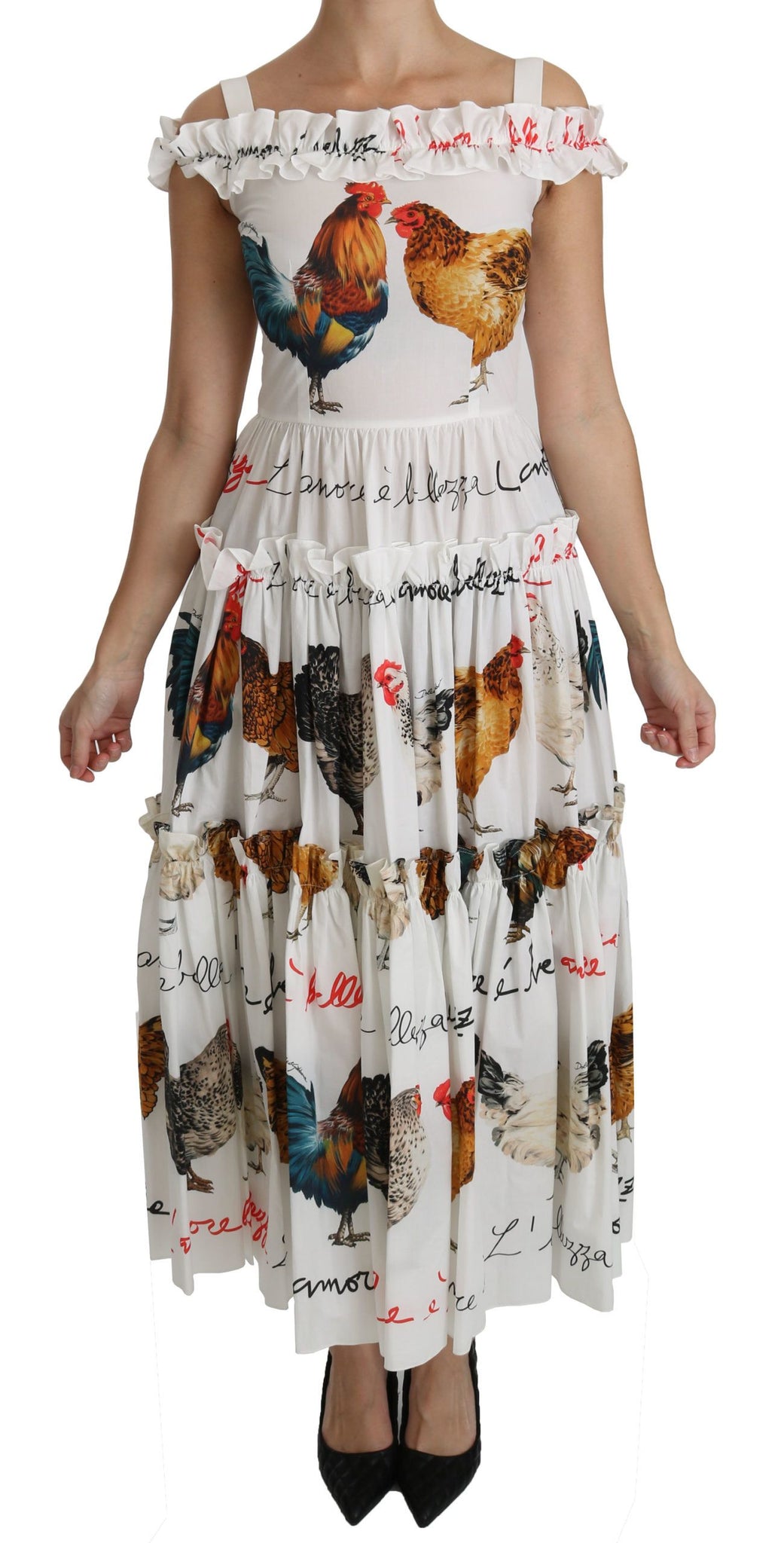 Dolce & Gabbana White Rooster Sheath Midi Cotton Dress - Whispers Of Wisdom Clothing
