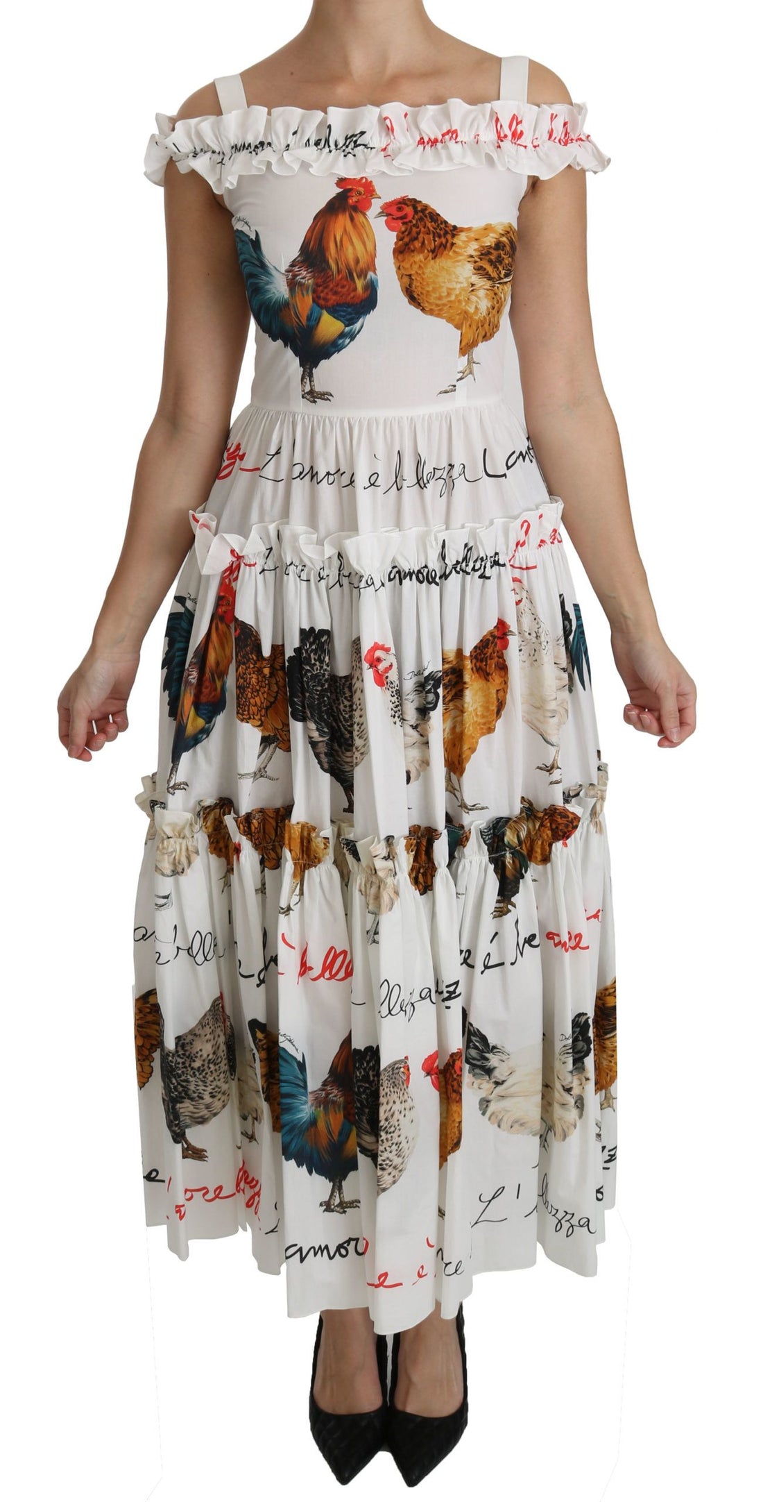 Dolce & Gabbana White Rooster Sheath Midi Cotton Dress - Whispers Of Wisdom Clothing