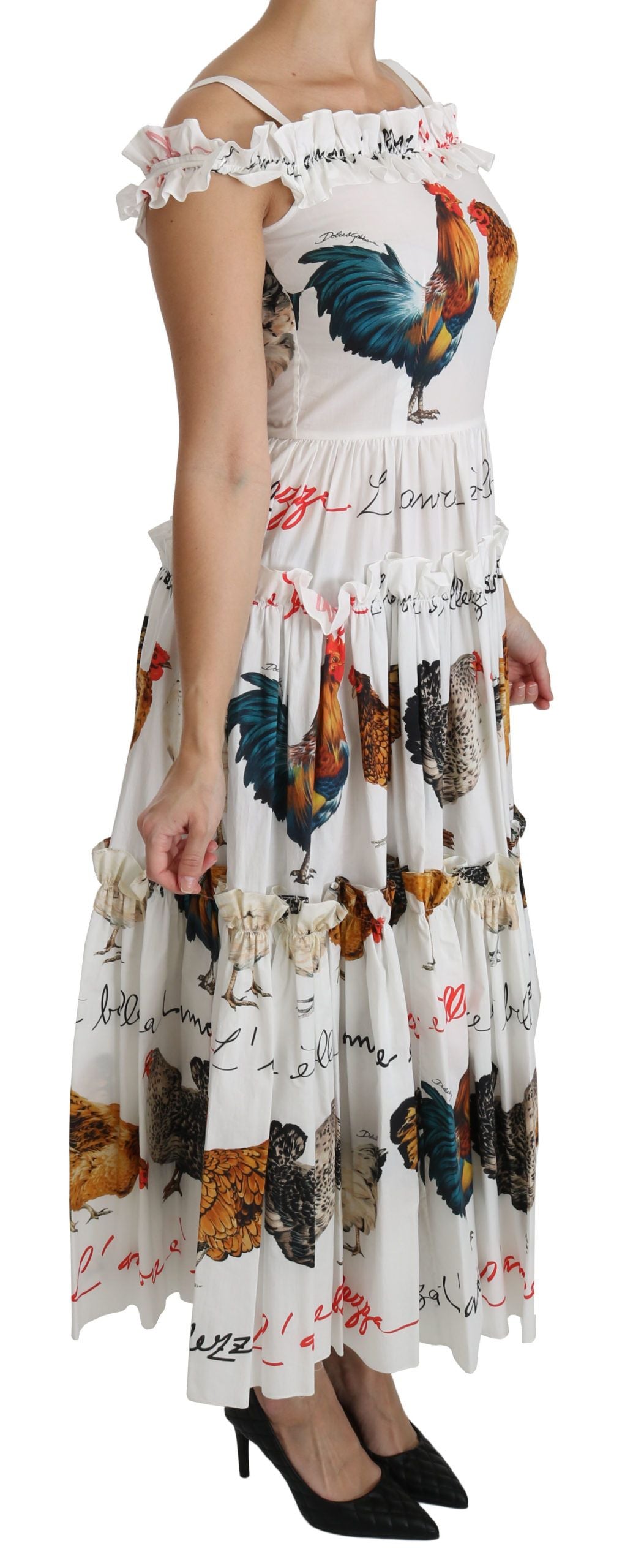 Dolce & Gabbana White Rooster Sheath Midi Cotton Dress - Whispers Of Wisdom Clothing
