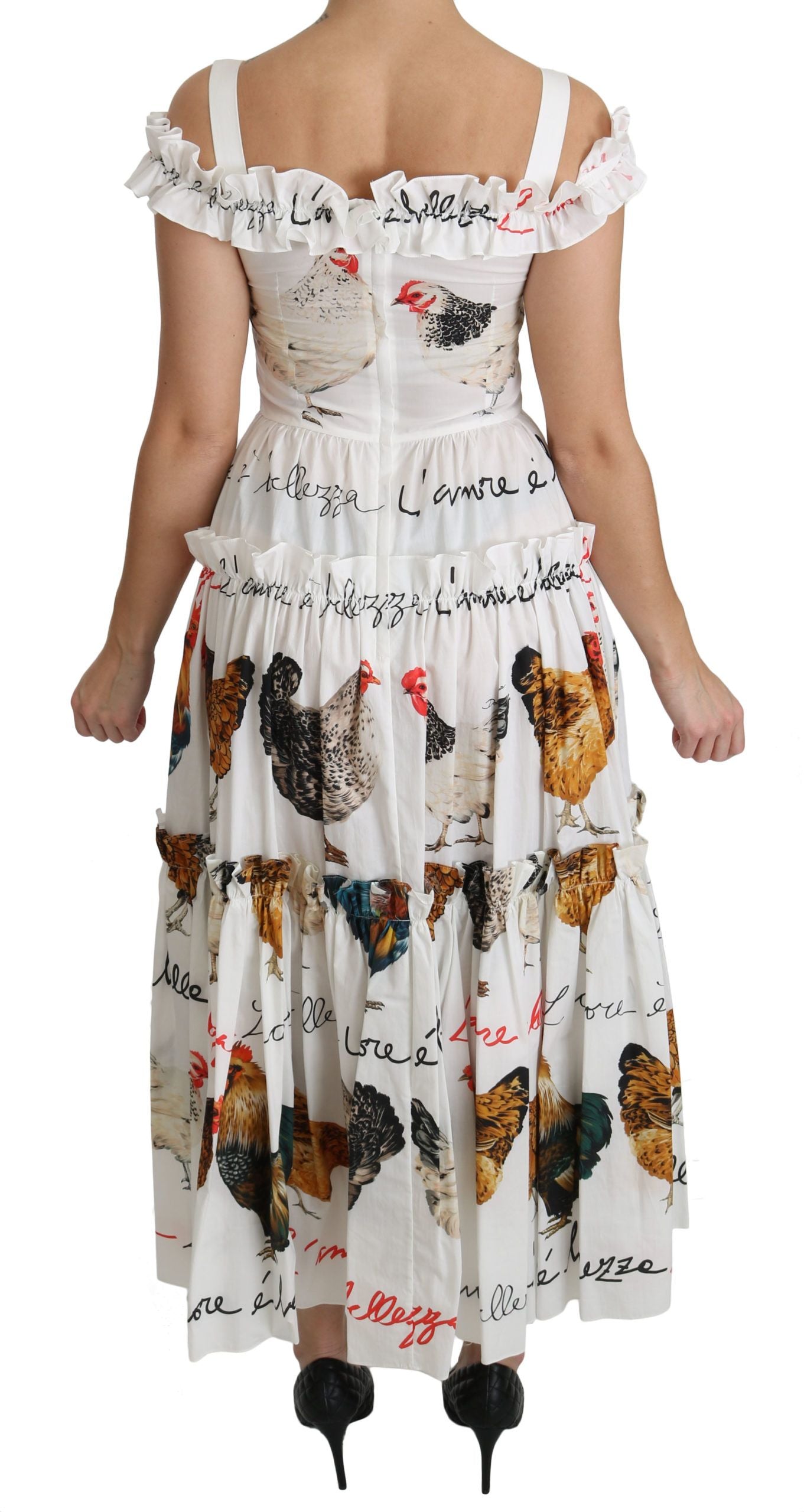 Dolce & Gabbana White Rooster Sheath Midi Cotton Dress - Whispers Of Wisdom Clothing