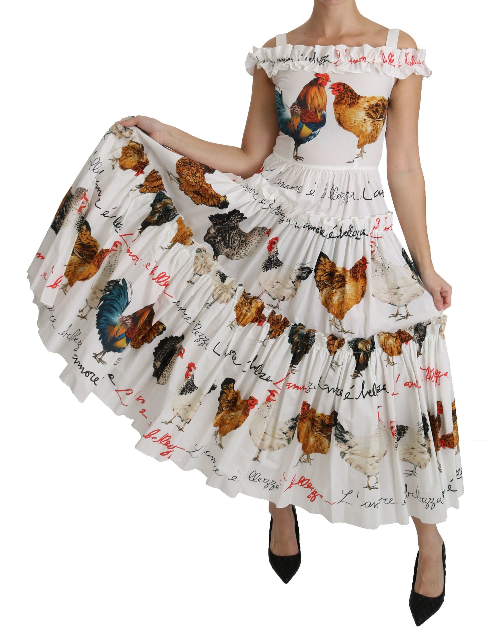 Dolce & Gabbana White Rooster Sheath Midi Cotton Dress - Whispers Of Wisdom Clothing