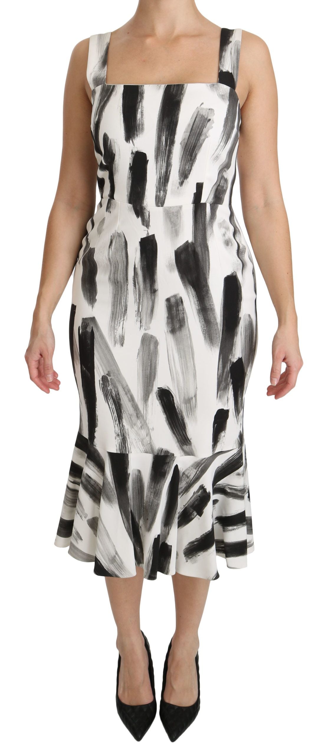 Dolce & Gabbana White Black Printed Sheath Midi Viscose Dress - Whispers Of Wisdom Clothing