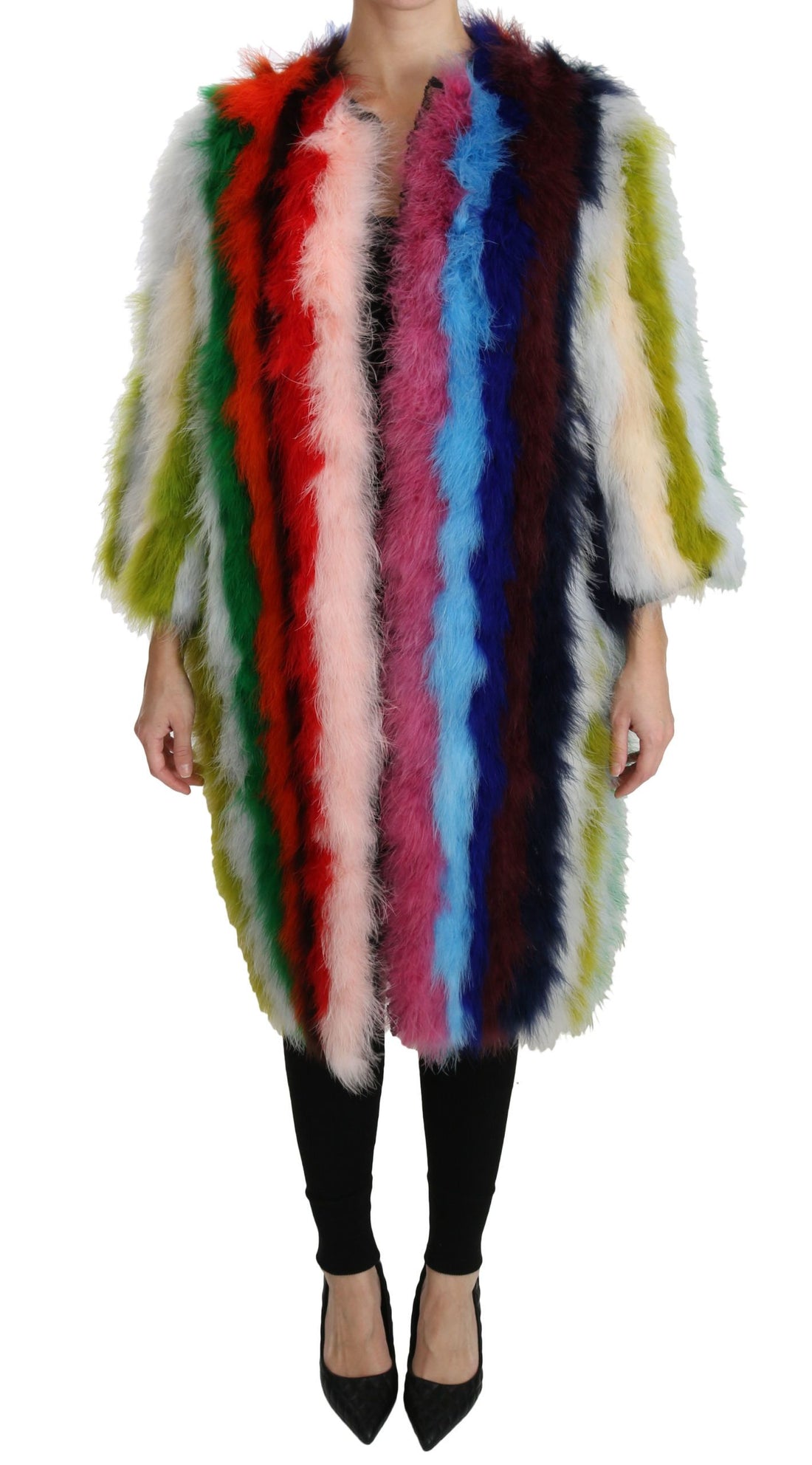 Dolce & Gabbana Multicolor Turkey Feather Cape Fur Coat - Whispers Of Wisdom Clothing