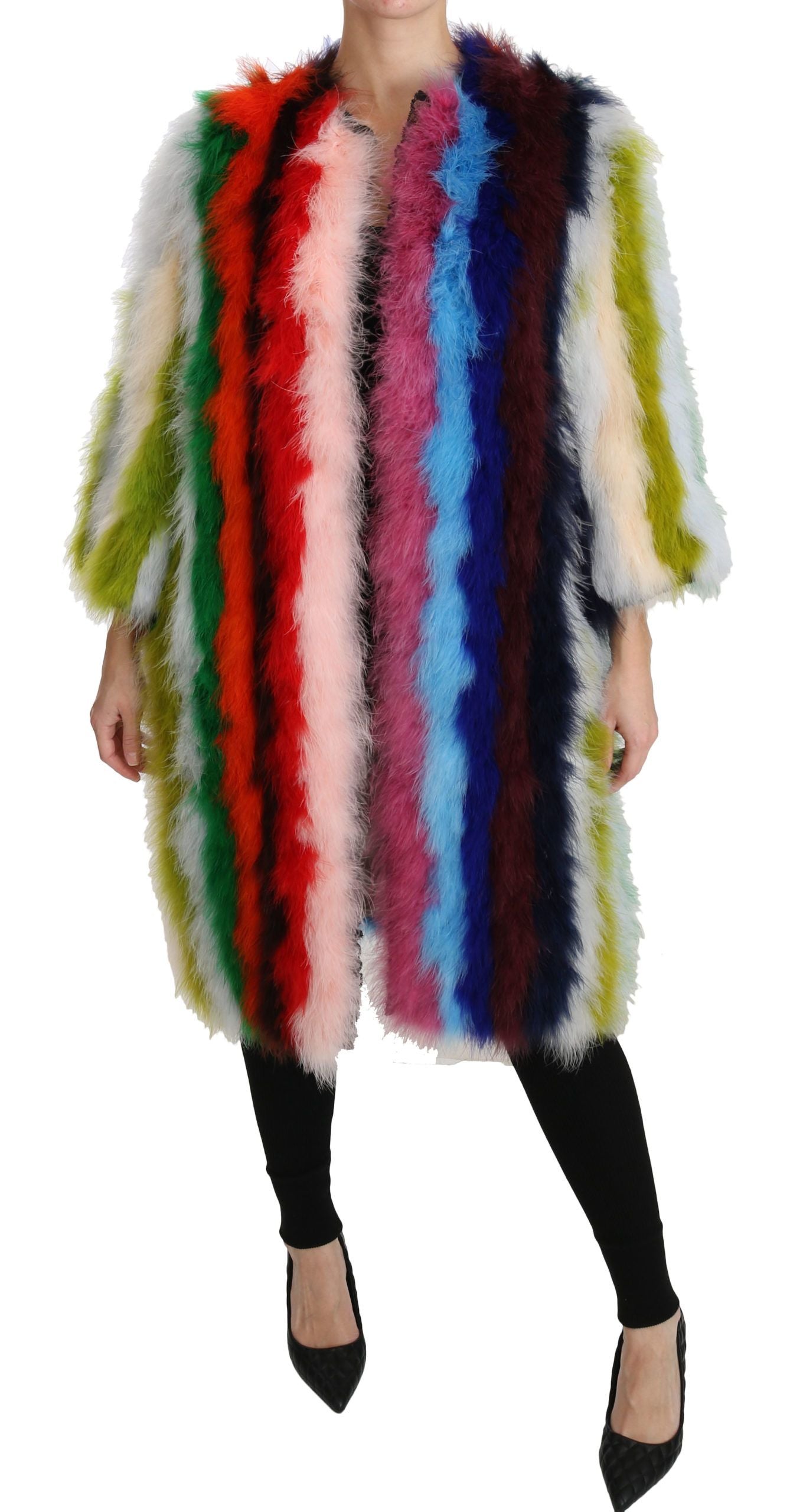 Dolce & Gabbana Multicolor Turkey Feather Cape Fur Coat - Whispers Of Wisdom Clothing