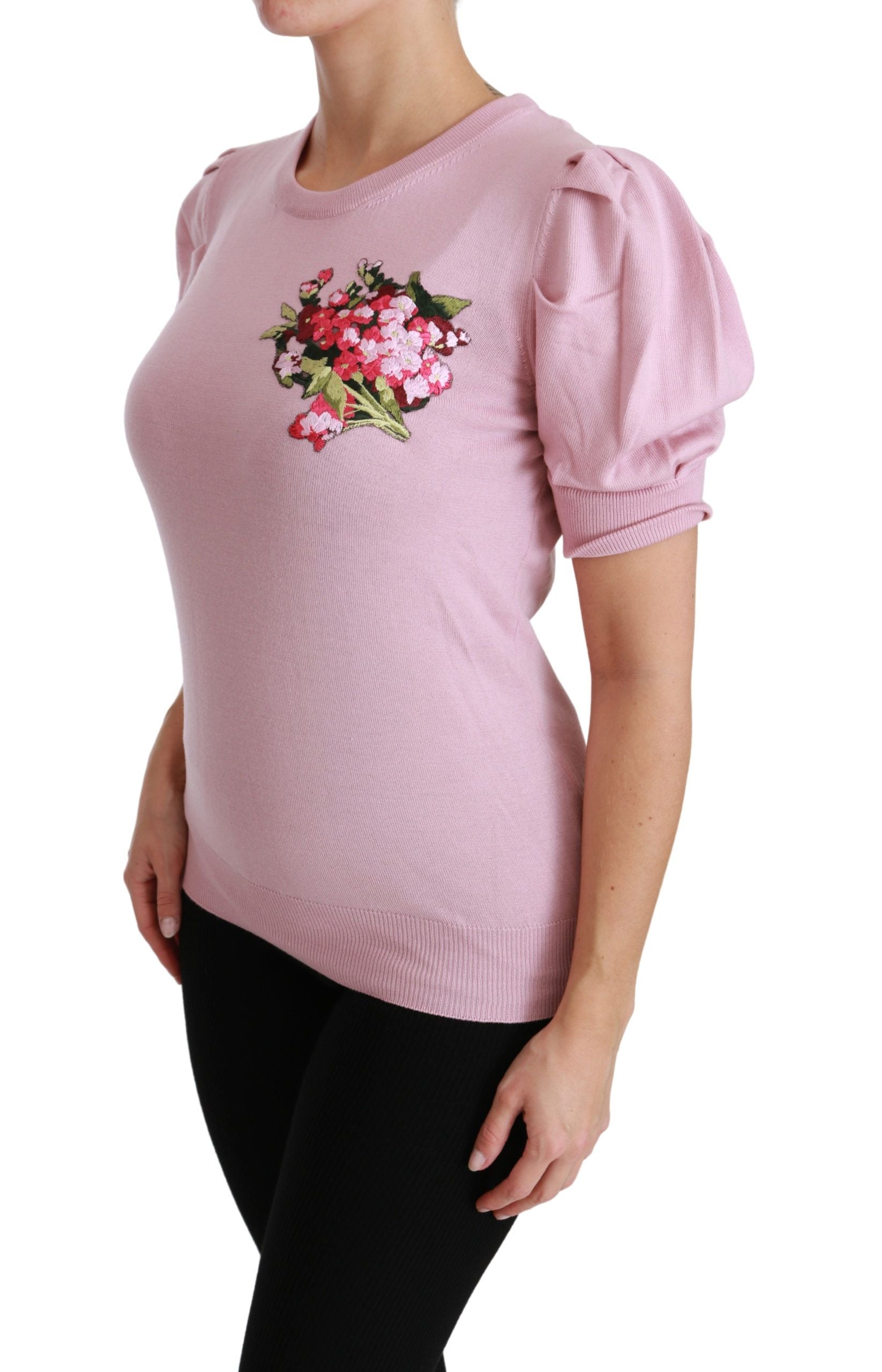 Dolce & Gabbana Pink Floral Embroidered Blouse Wool Top - Whispers Of Wisdom Clothing