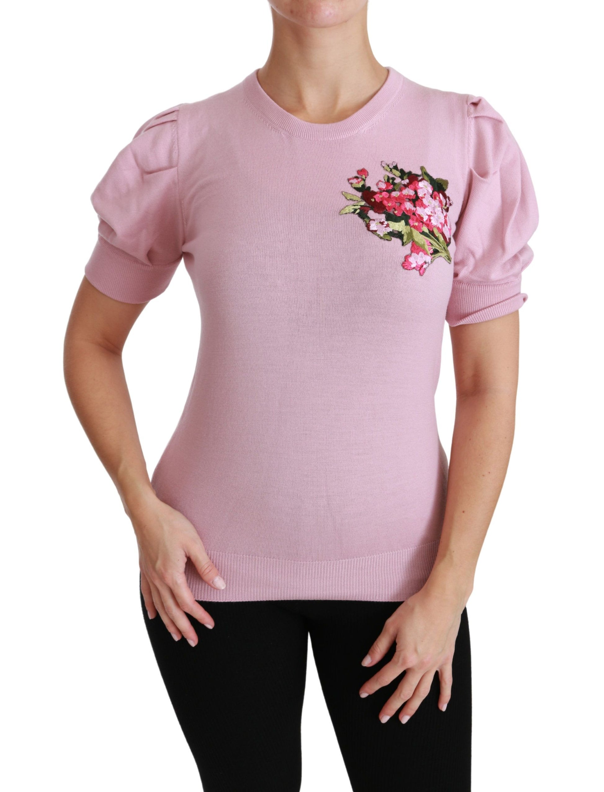 Dolce & Gabbana Pink Floral Embroidered Blouse Wool Top - Whispers Of Wisdom Clothing