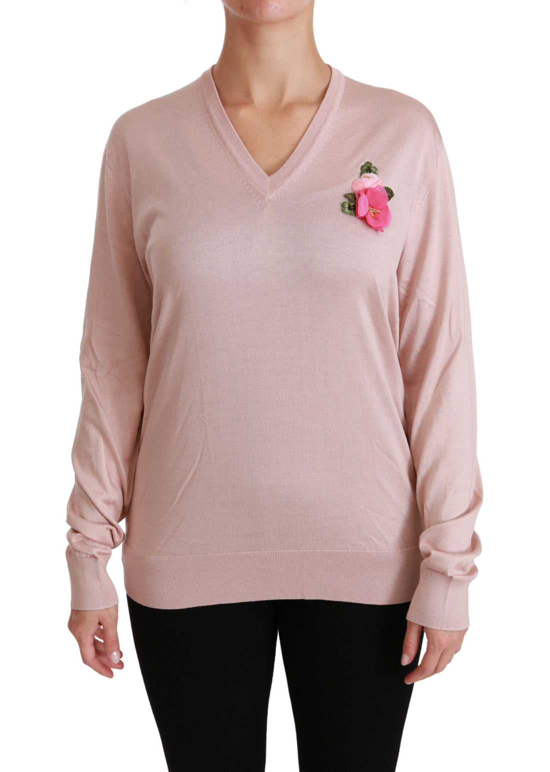 Dolce & Gabbana Pink Floral Embellished Pullover Silk Sweater - Whispers Of Wisdom Clothing
