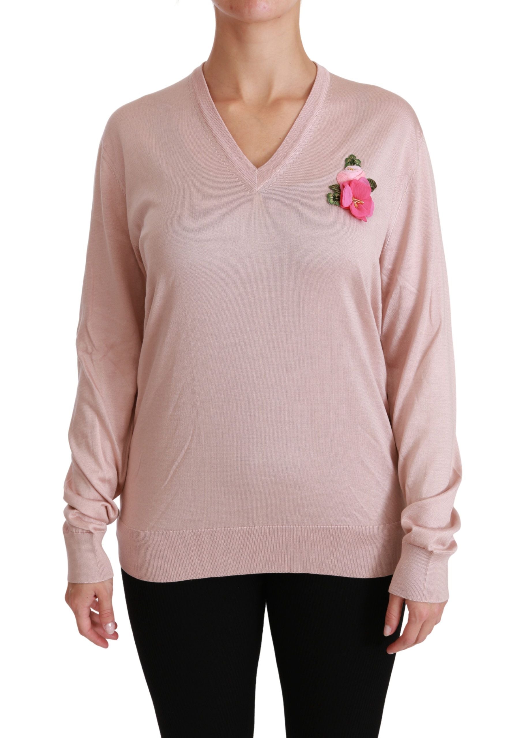 Dolce & Gabbana Pink Floral Embellished Pullover Silk Sweater - Whispers Of Wisdom Clothing
