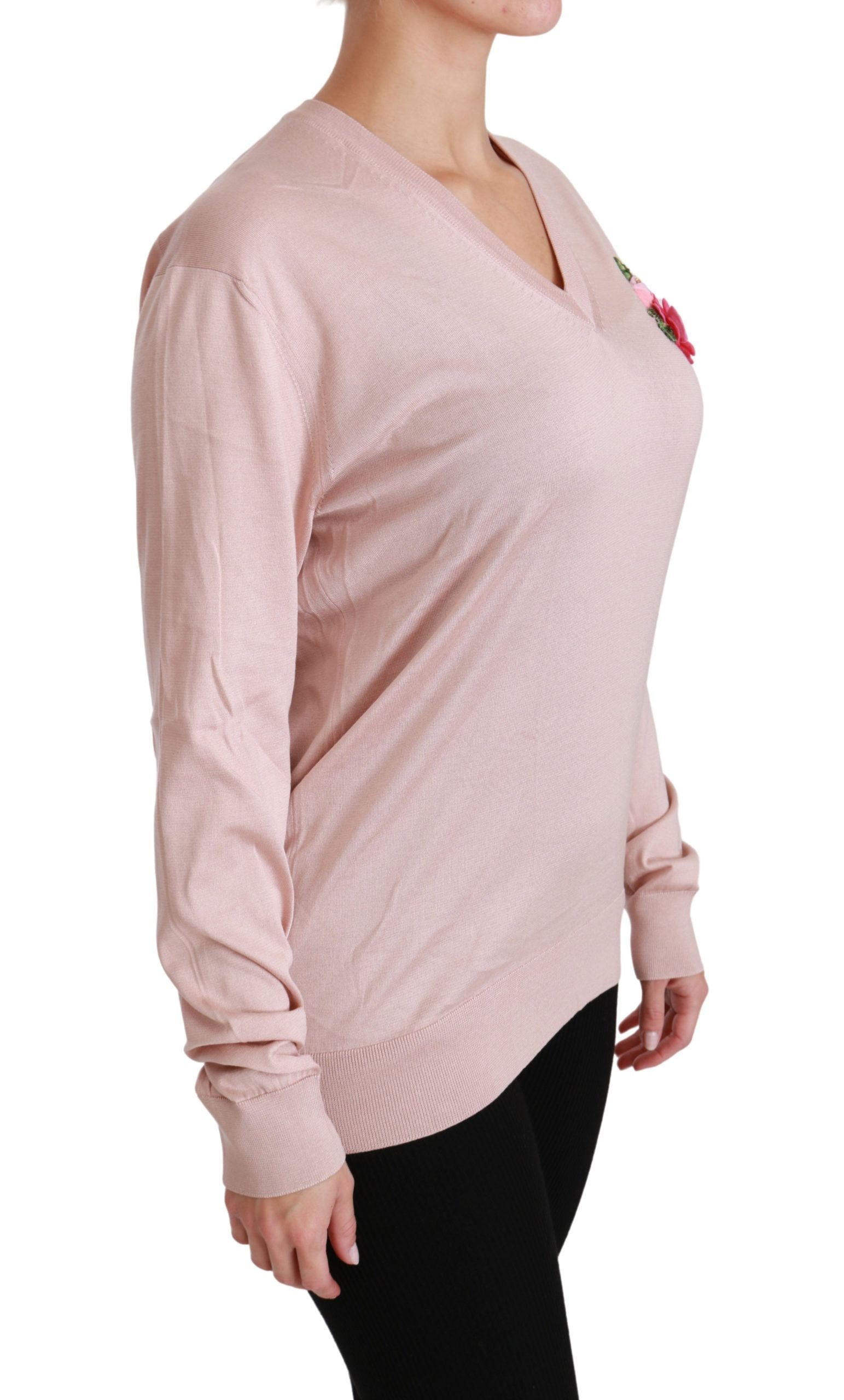 Dolce & Gabbana Pink Floral Embellished Pullover Silk Sweater - Whispers Of Wisdom Clothing