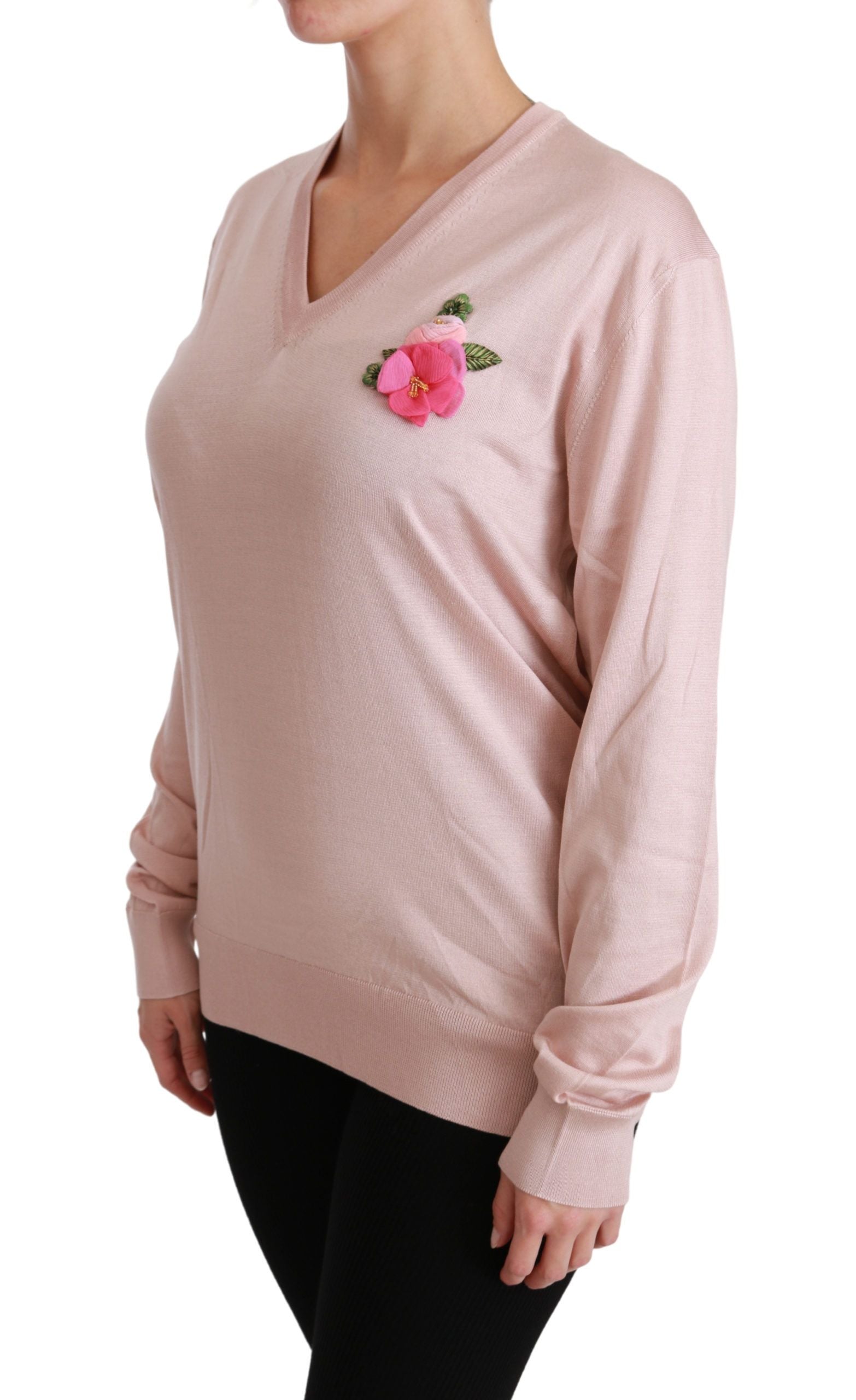 Dolce & Gabbana Pink Floral Embellished Pullover Silk Sweater - Whispers Of Wisdom Clothing