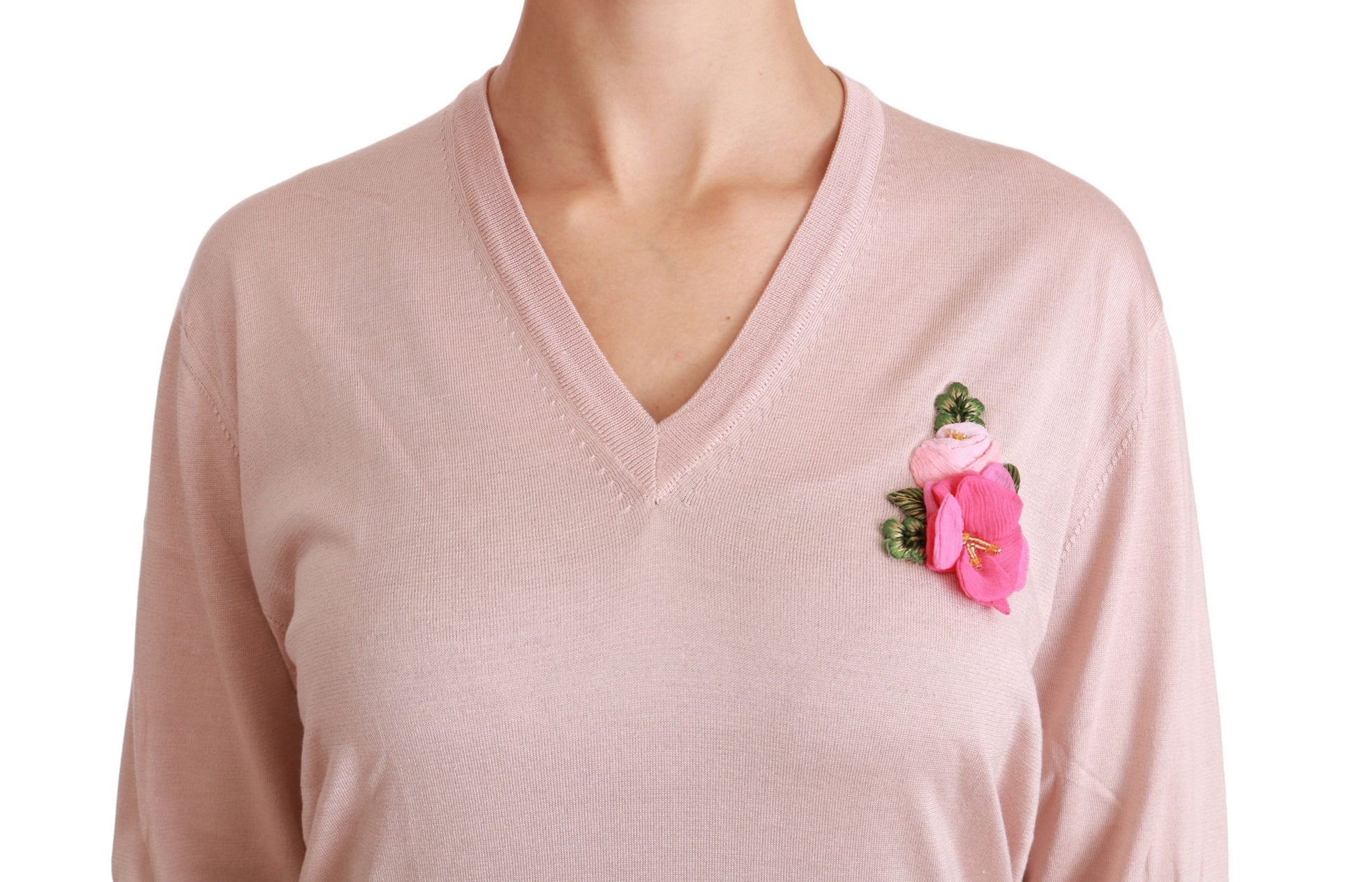Dolce & Gabbana Pink Floral Embellished Pullover Silk Sweater - Whispers Of Wisdom Clothing