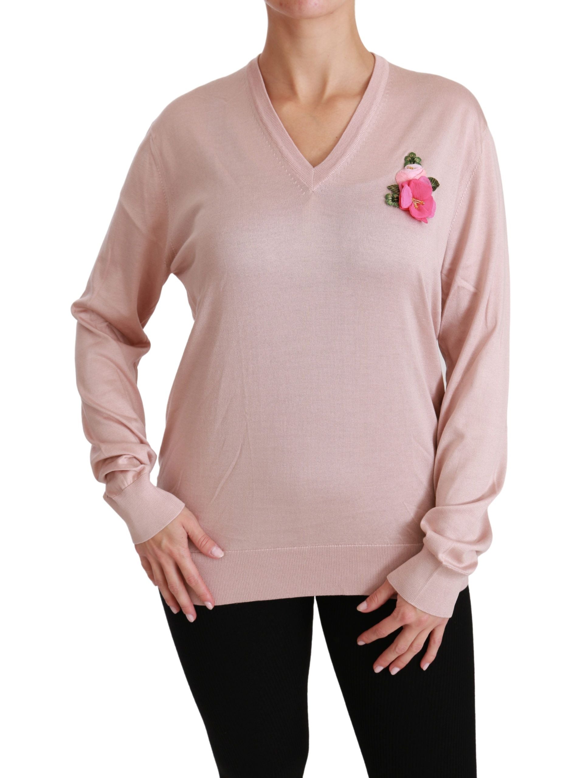 Dolce & Gabbana Pink Floral Embellished Pullover Silk Sweater - Whispers Of Wisdom Clothing
