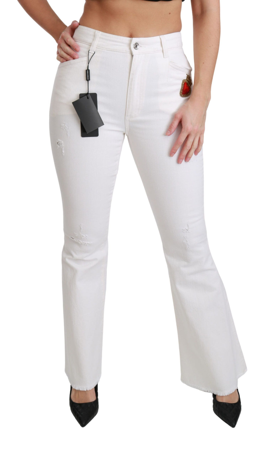 Dolce & Gabbana White Heart Flared Stretch Cotton Pants - Whispers Of Wisdom Clothing
