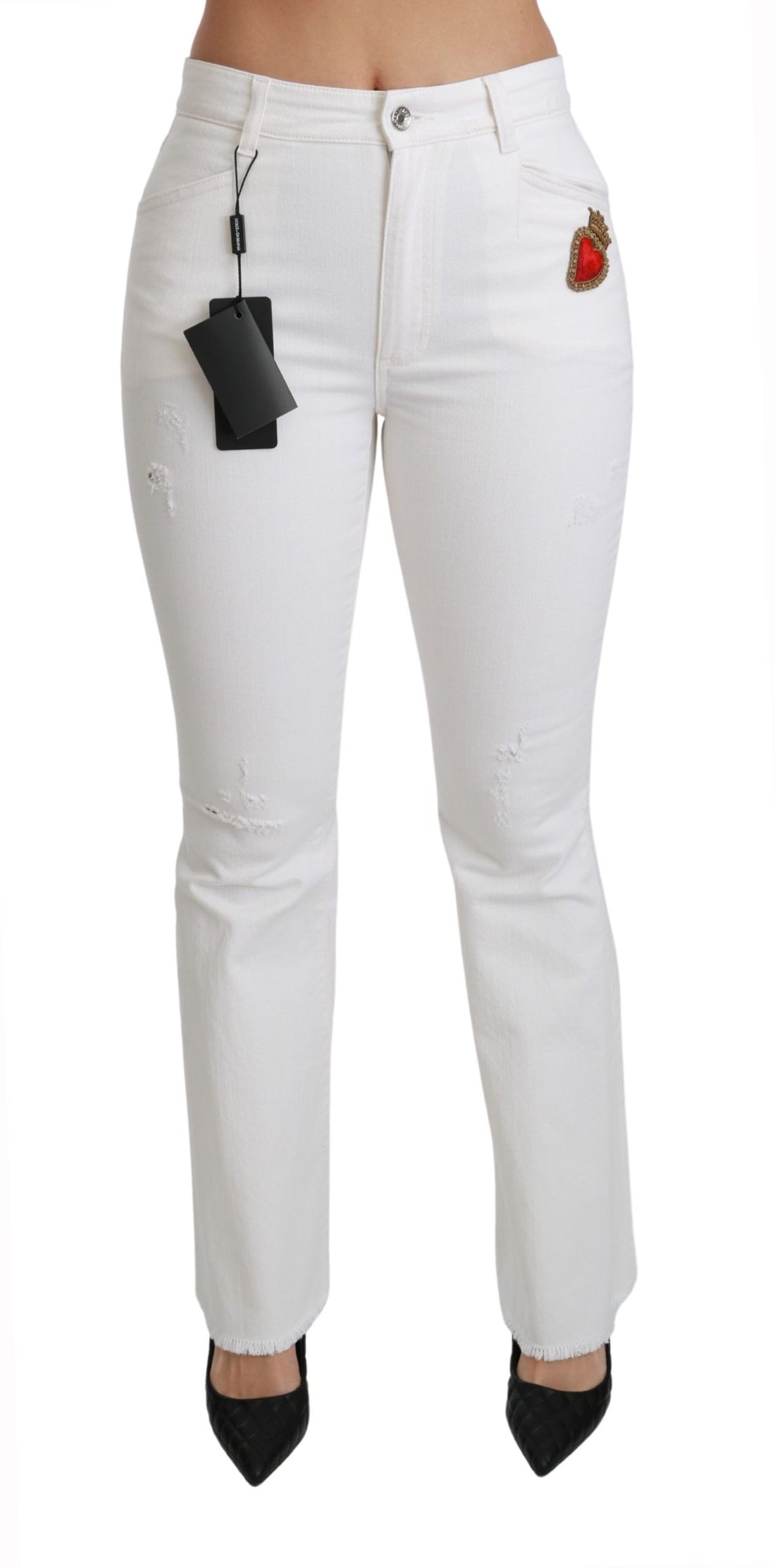 Dolce & Gabbana White Heart Flared Stretch Cotton Pants - Whispers Of Wisdom Clothing