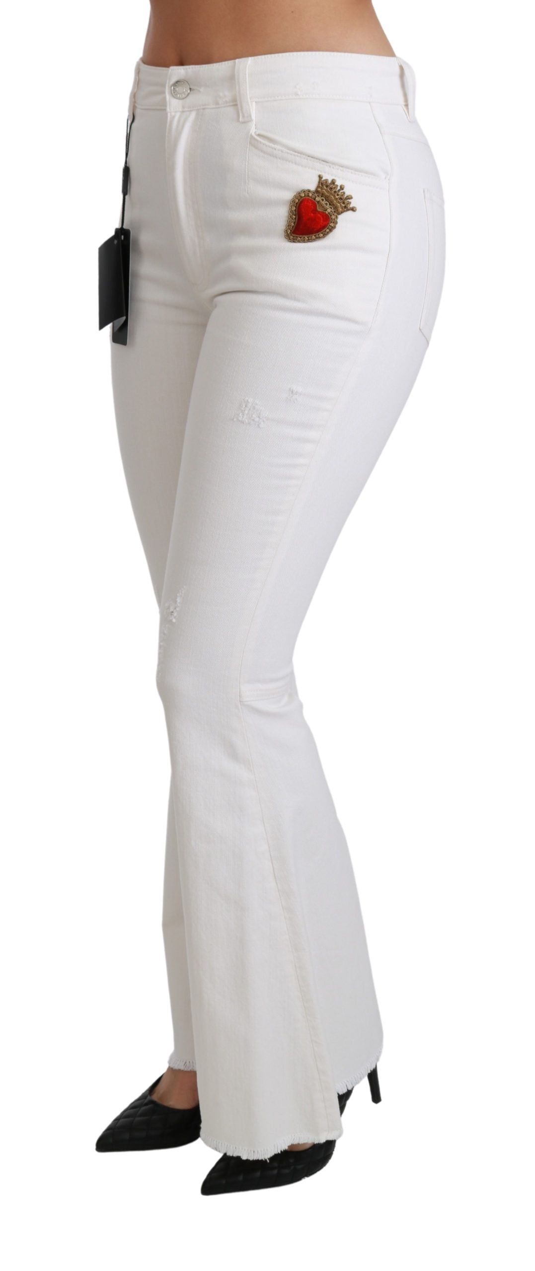 Dolce & Gabbana White Heart Flared Stretch Cotton Pants - Whispers Of Wisdom Clothing