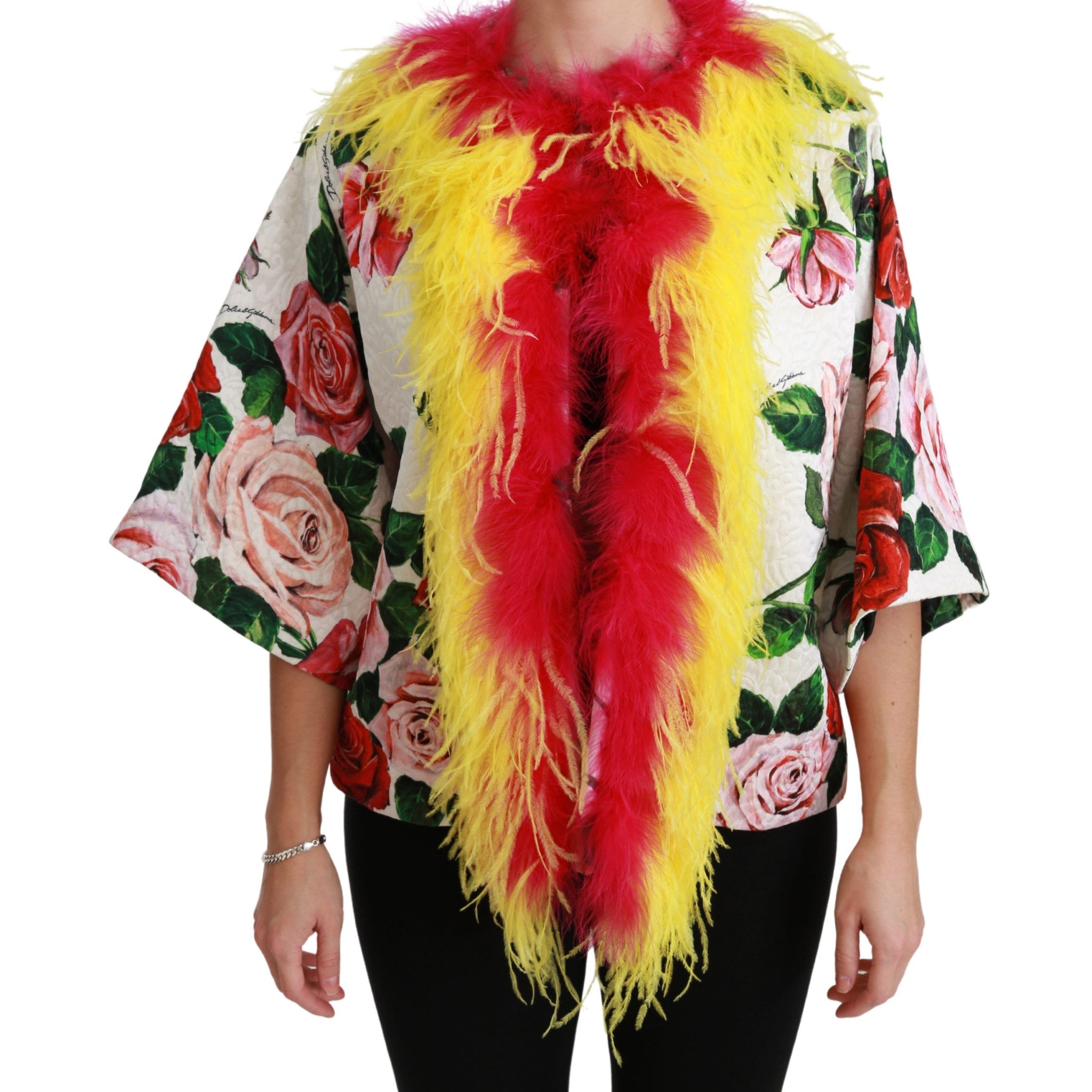 Dolce & Gabbana White Floral Coat Capte Fur Roses Jacket