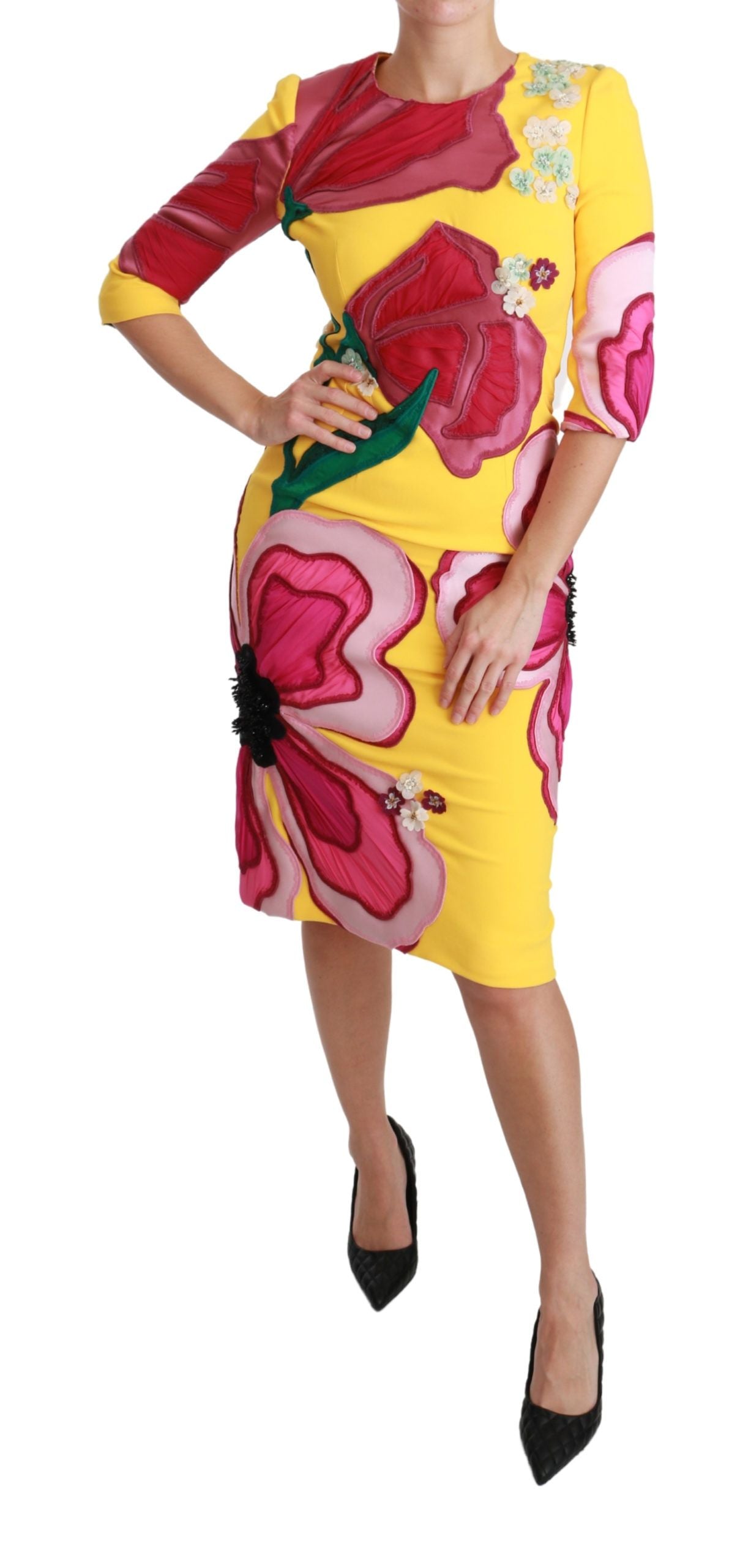 Dolce & Gabbana Yellow Floral Crystal Bodycon Sheath Dress - Whispers Of Wisdom Clothing