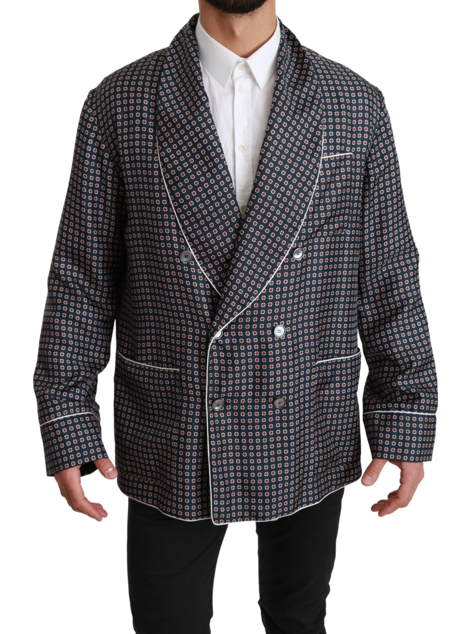 Dolce & Gabbana Navy Blue Patterned Double Breasted Coat Jacket - Whispers Of Wisdom Clothing