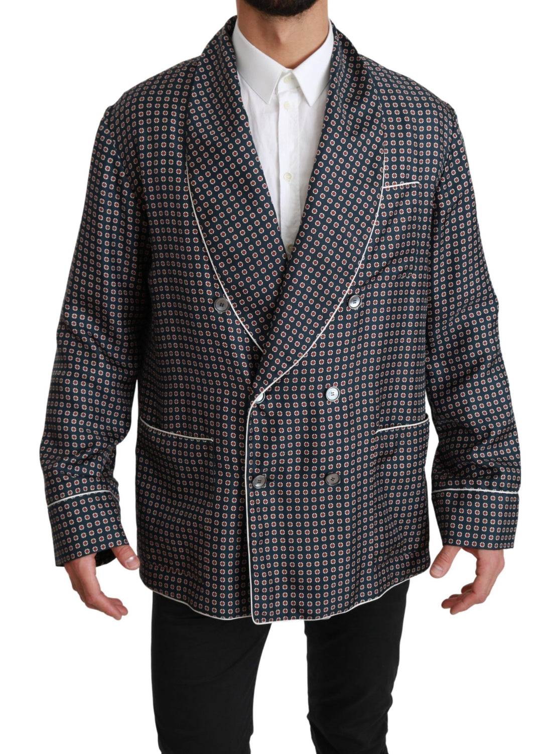 Dolce & Gabbana Navy Blue Patterned Double Breasted Coat Jacket - Whispers Of Wisdom Clothing
