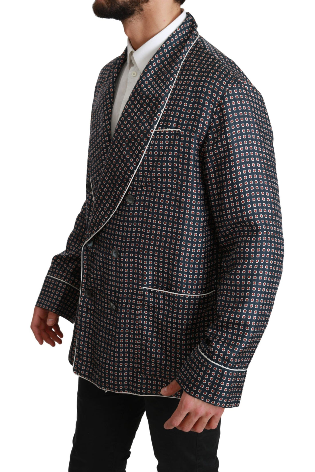 Dolce & Gabbana Navy Blue Patterned Double Breasted Coat Jacket - Whispers Of Wisdom Clothing