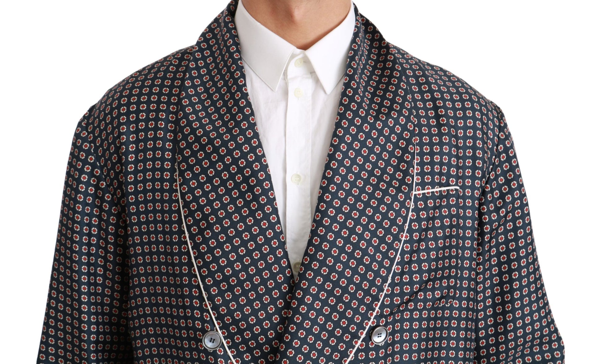 Dolce & Gabbana Navy Blue Patterned Double Breasted Coat Jacket - Whispers Of Wisdom Clothing