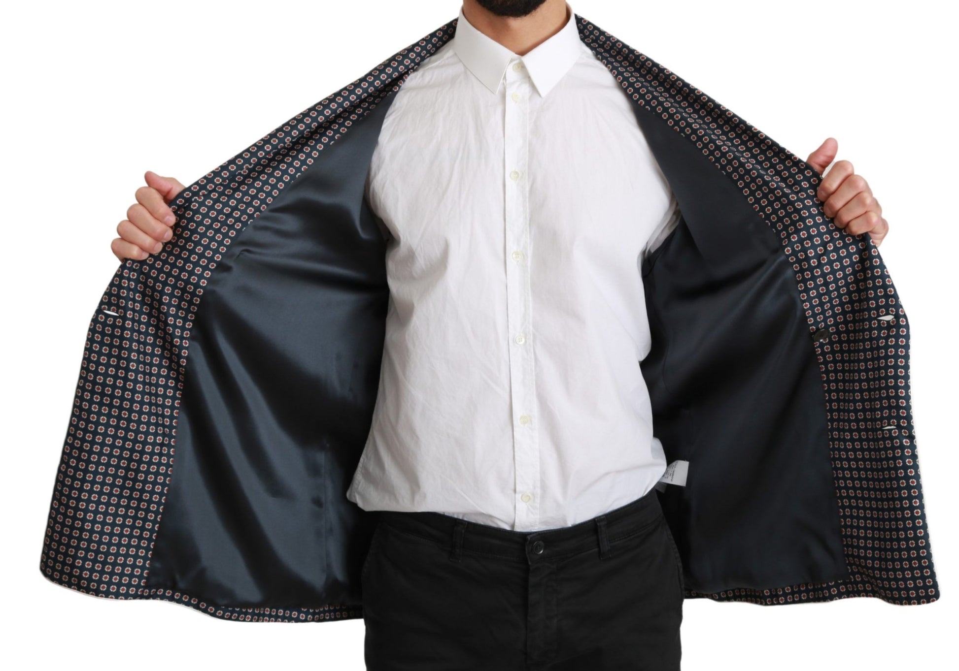 Dolce & Gabbana Navy Blue Patterned Double Breasted Coat Jacket - Whispers Of Wisdom Clothing