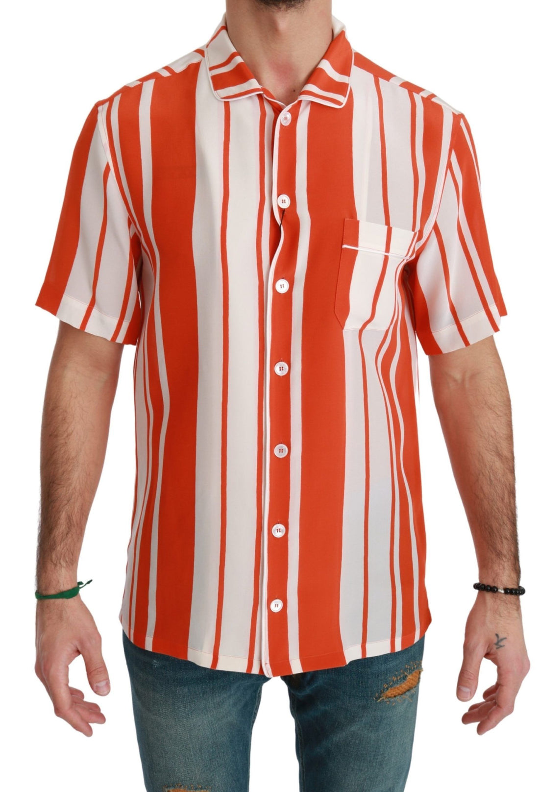 Dolce & Gabbana Orange Silk Striped Short Sleeve White Shirt - Whispers Of Wisdom Clothing