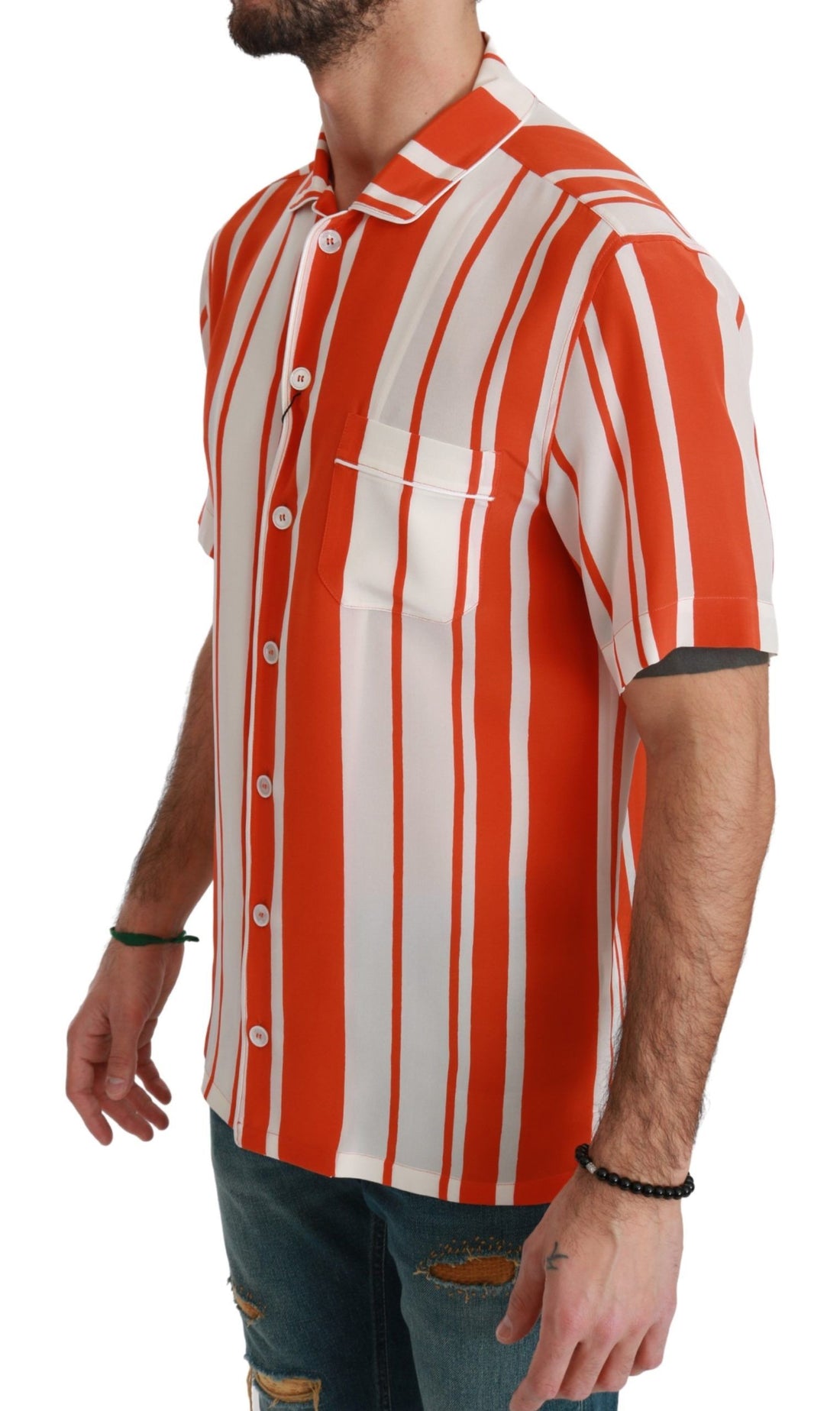 Dolce & Gabbana Orange Silk Striped Short Sleeve White Shirt - Whispers Of Wisdom Clothing