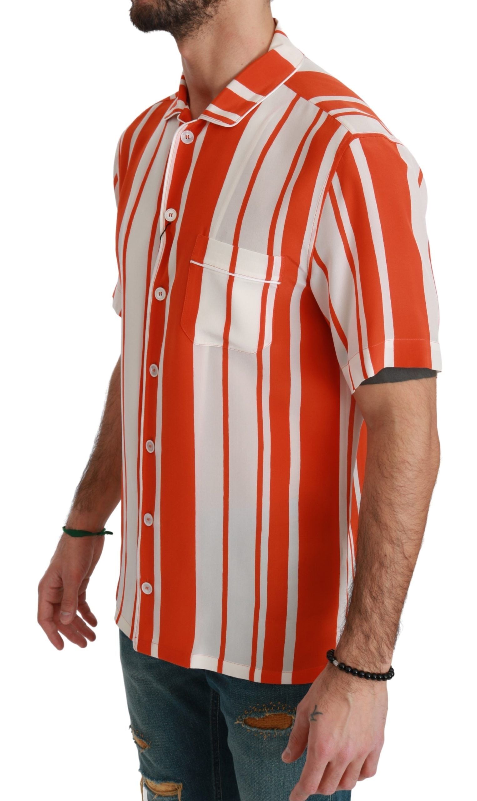 Dolce & Gabbana Orange Silk Striped Short Sleeve White Shirt - Whispers Of Wisdom Clothing