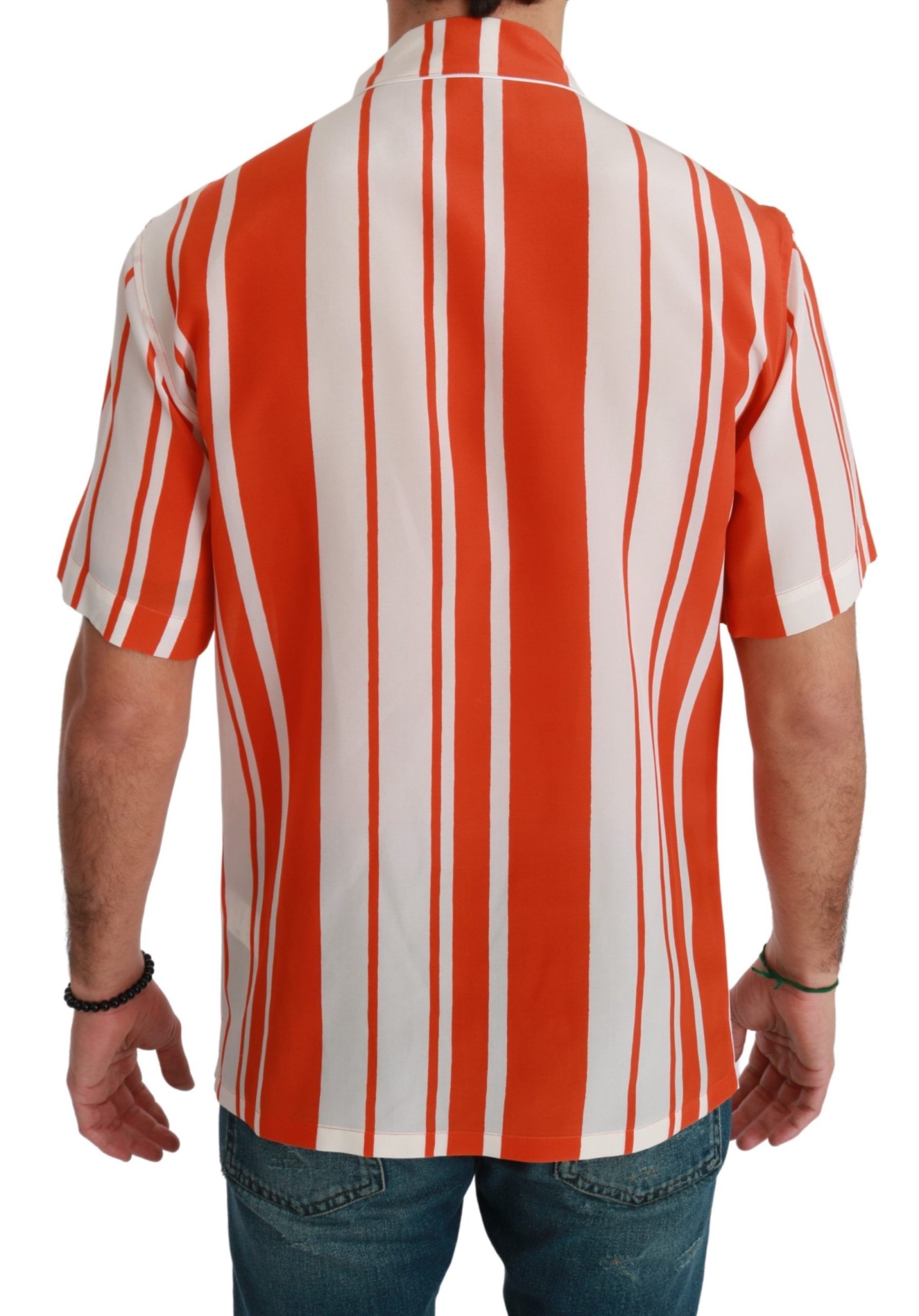 Dolce & Gabbana Orange Silk Striped Short Sleeve White Shirt - Whispers Of Wisdom Clothing