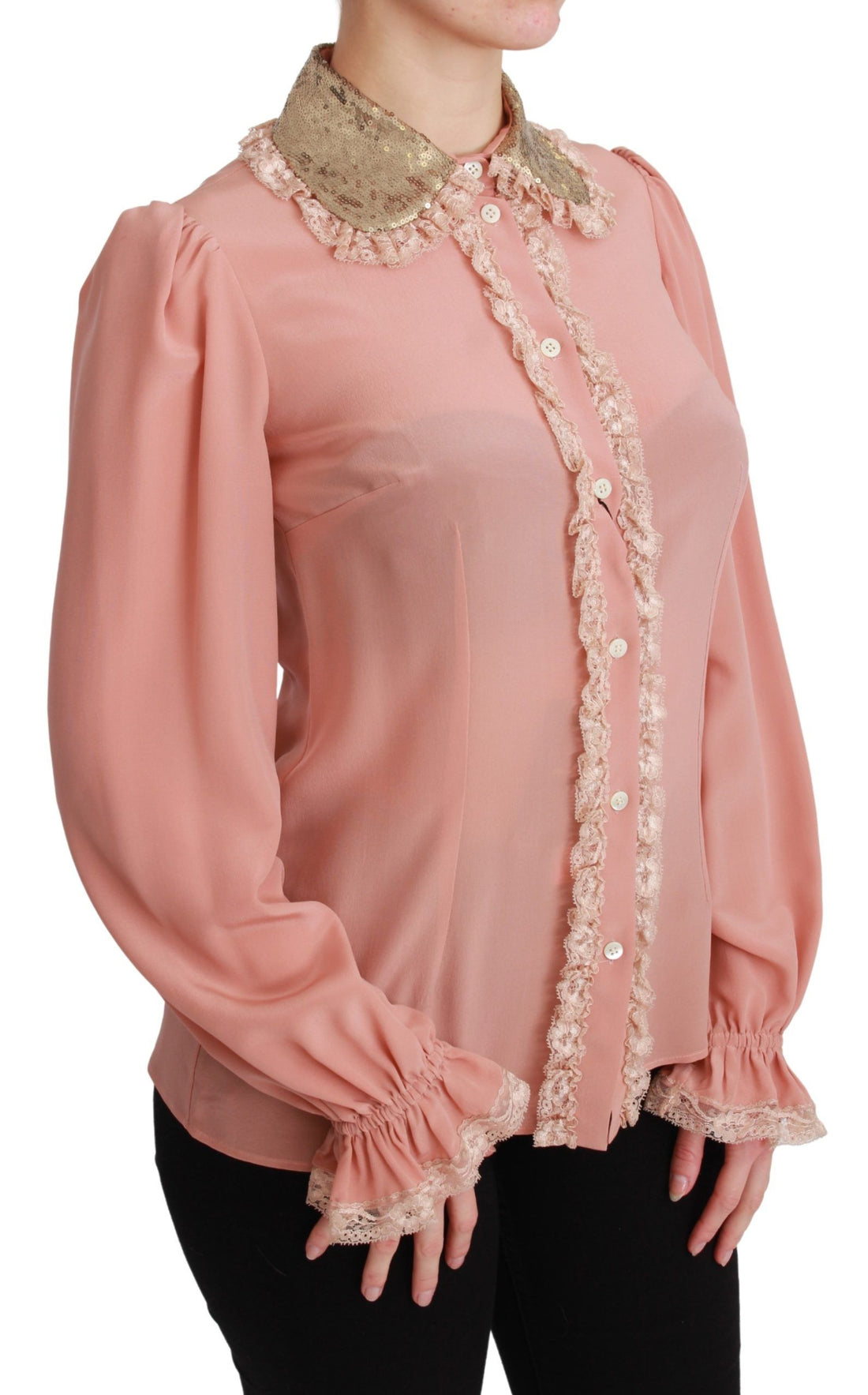 Dolce & Gabbana Pink Silk Gold Sequin Lace Blouse Shirt - Whispers Of Wisdom Clothing