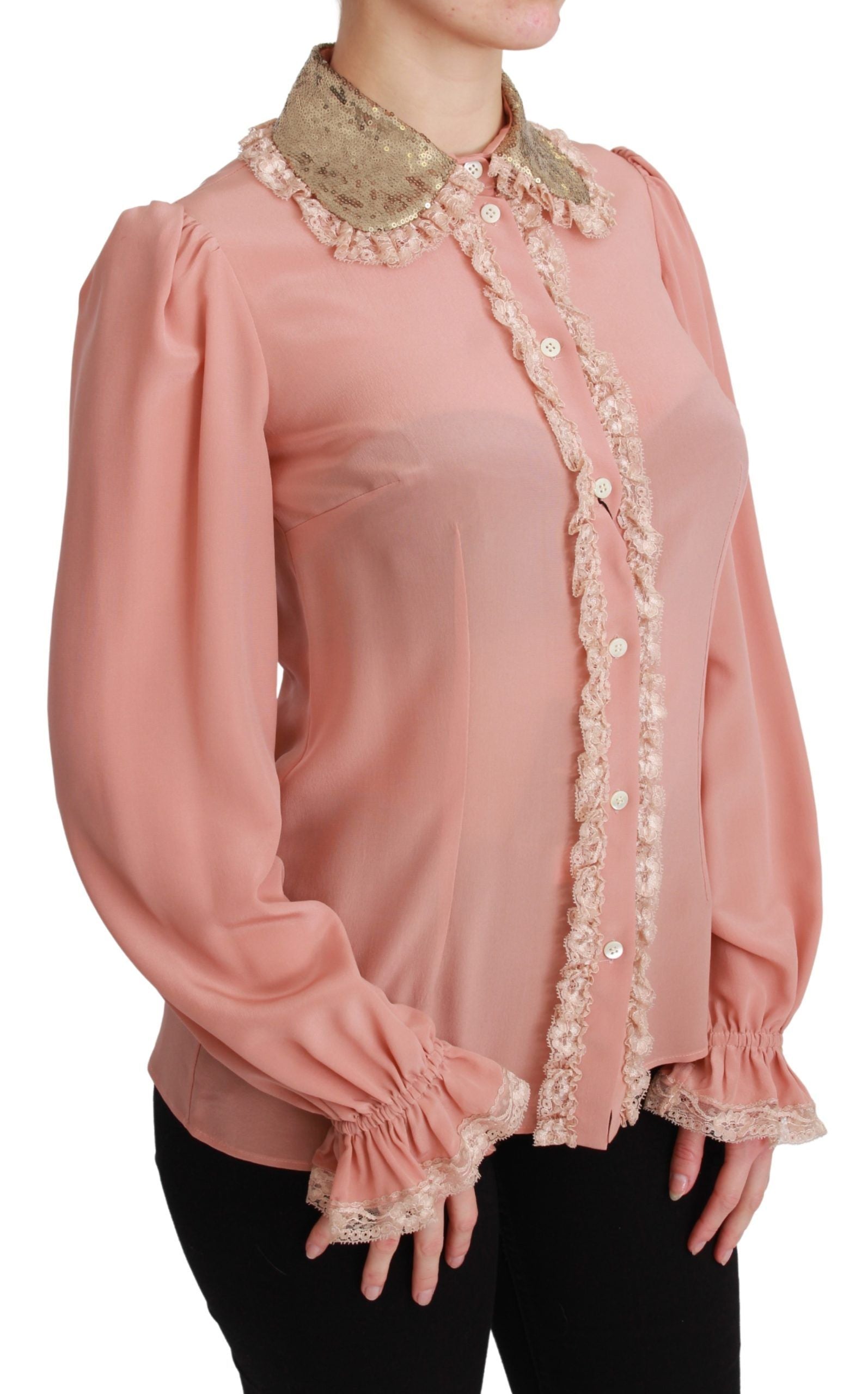 Dolce & Gabbana Pink Silk Gold Sequin Lace Blouse Shirt - Whispers Of Wisdom Clothing