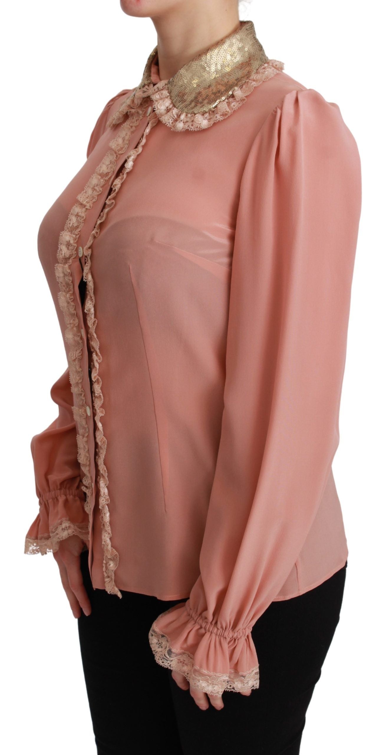 Dolce & Gabbana Pink Silk Gold Sequin Lace Blouse Shirt - Whispers Of Wisdom Clothing