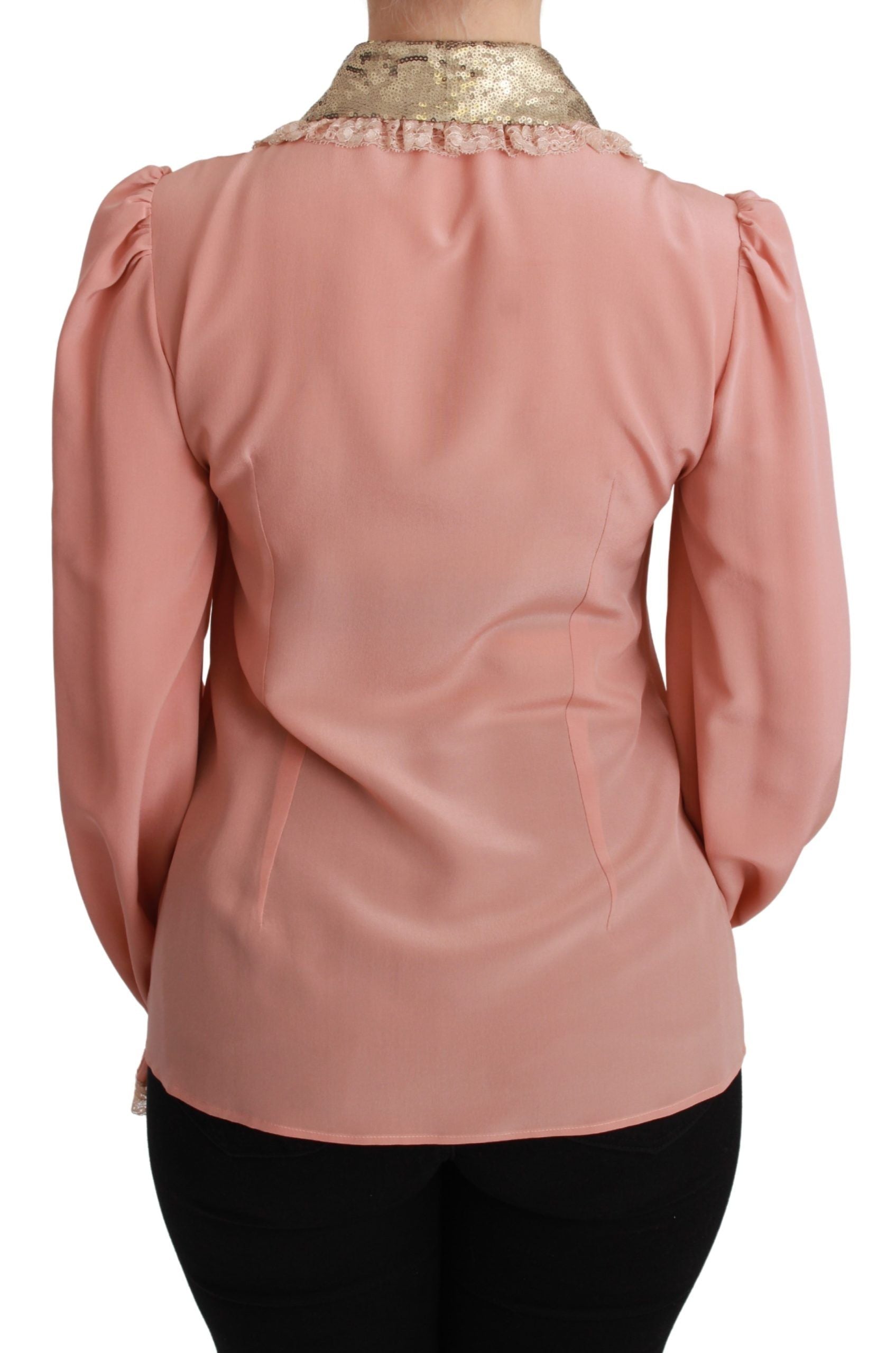 Dolce & Gabbana Pink Silk Gold Sequin Lace Blouse Shirt - Whispers Of Wisdom Clothing