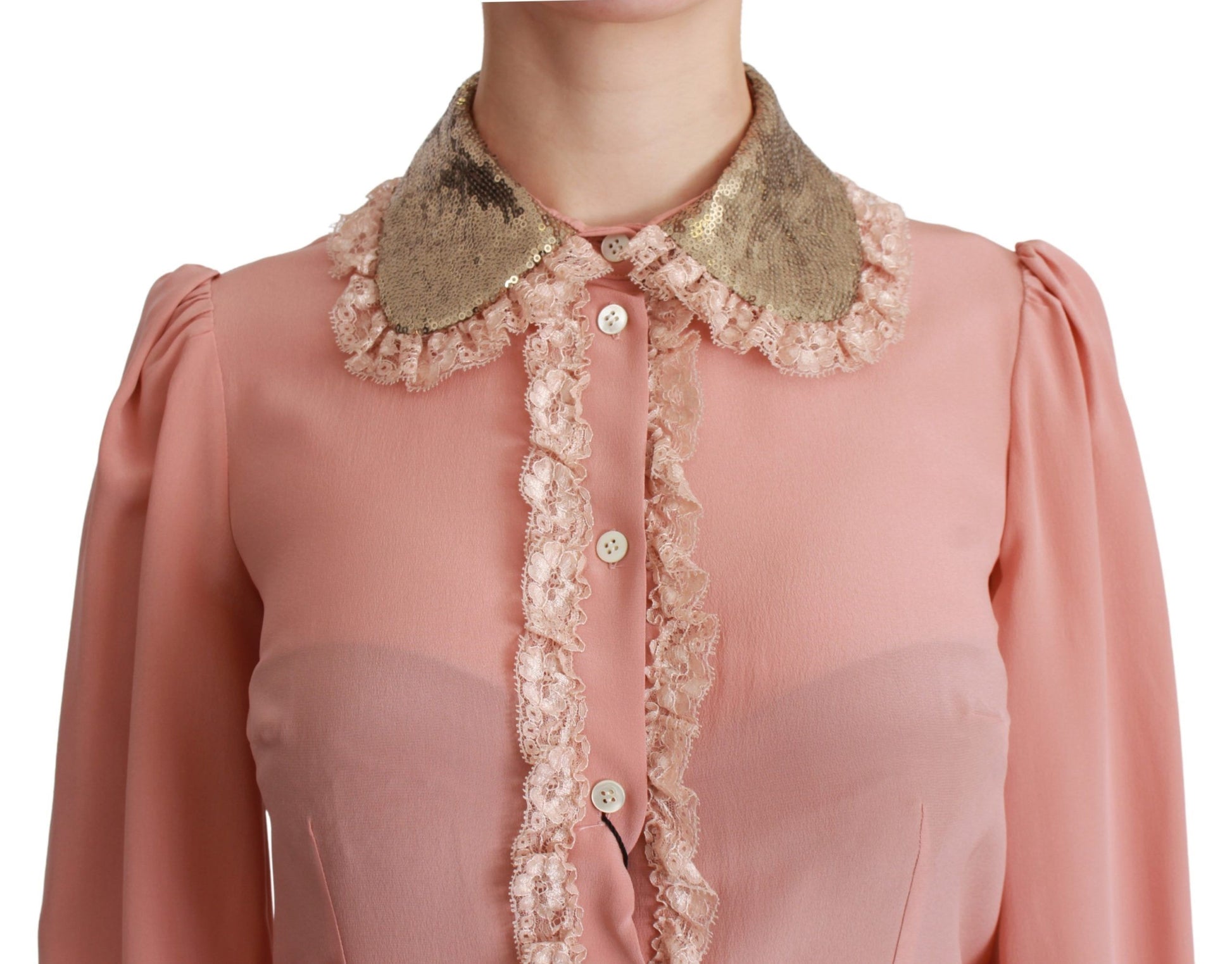 Dolce & Gabbana Pink Silk Gold Sequin Lace Blouse Shirt - Whispers Of Wisdom Clothing