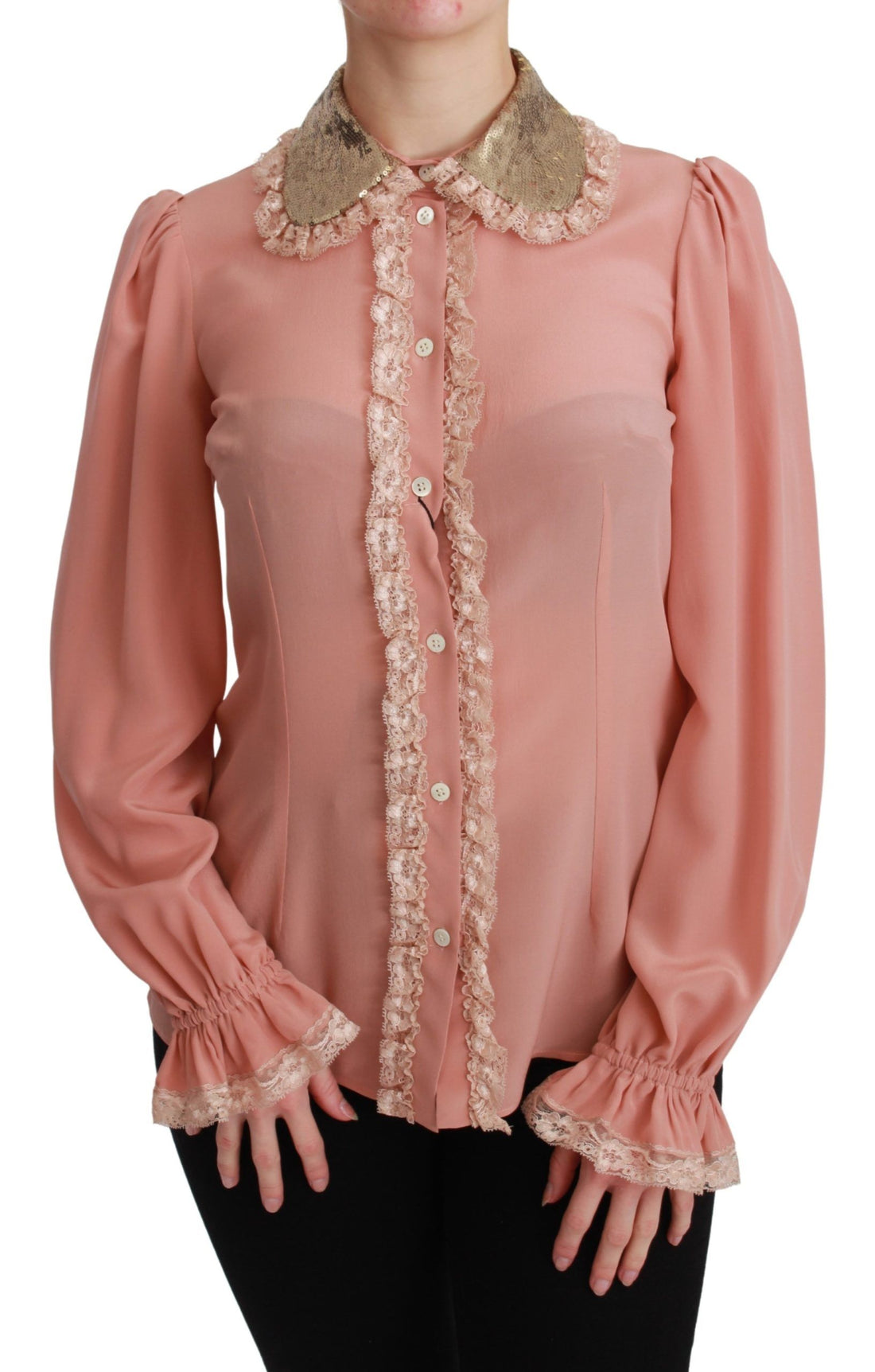 Dolce & Gabbana Pink Silk Gold Sequin Lace Blouse Shirt - Whispers Of Wisdom Clothing