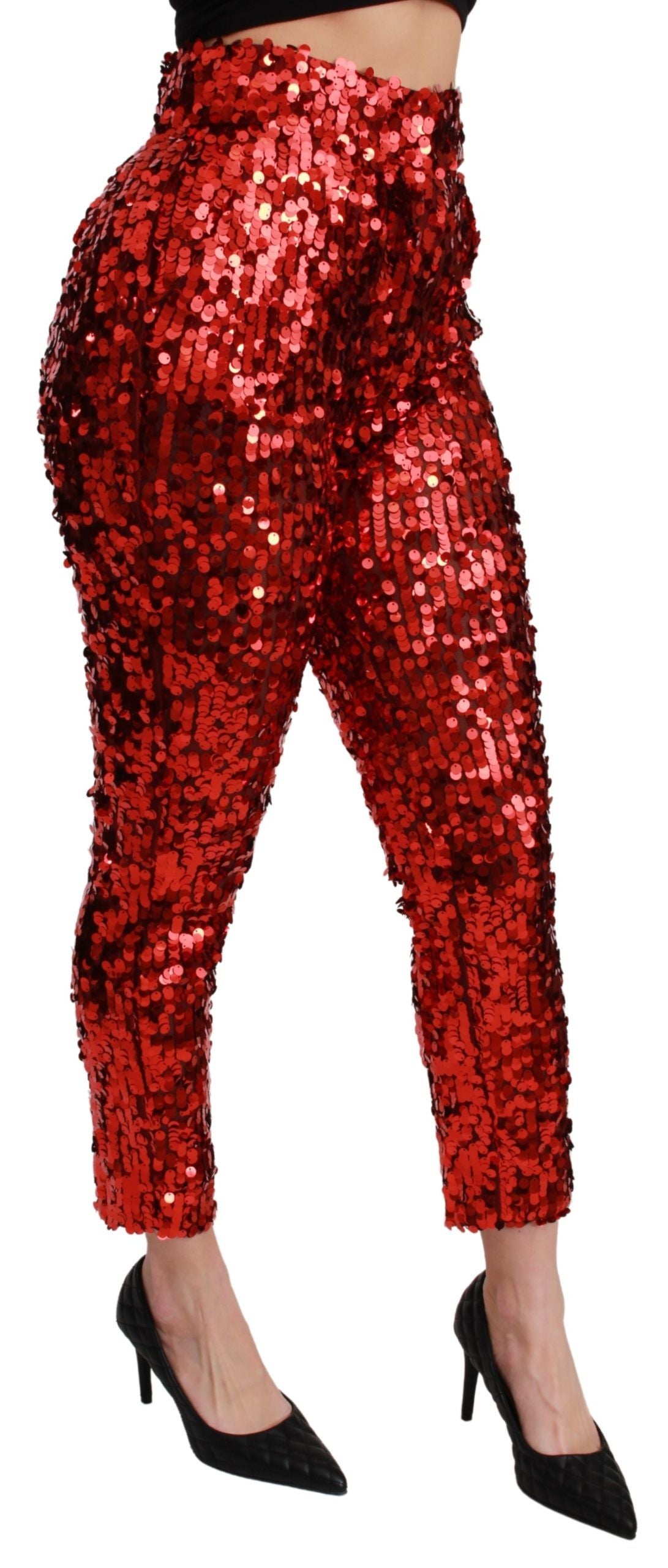Dolce & Gabbana Red Sequined Cropped Trousers Pants - Whispers Of Wisdom Clothing