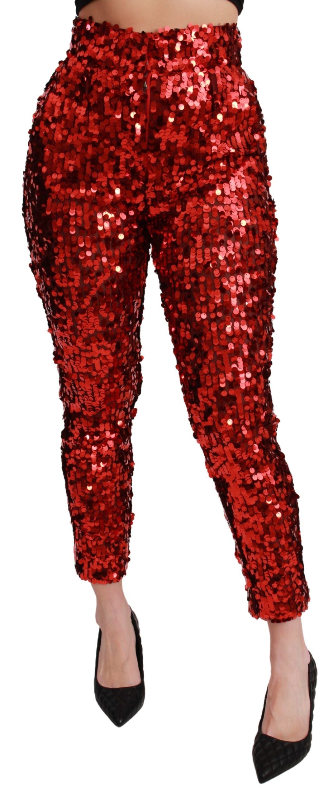 Dolce & Gabbana Red Sequined Cropped Trousers Pants - Whispers Of Wisdom Clothing