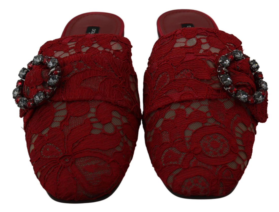 Dolce & Gabbana Red Lace Crystal Slide On Flats Shoes - Whispers Of Wisdom Clothing