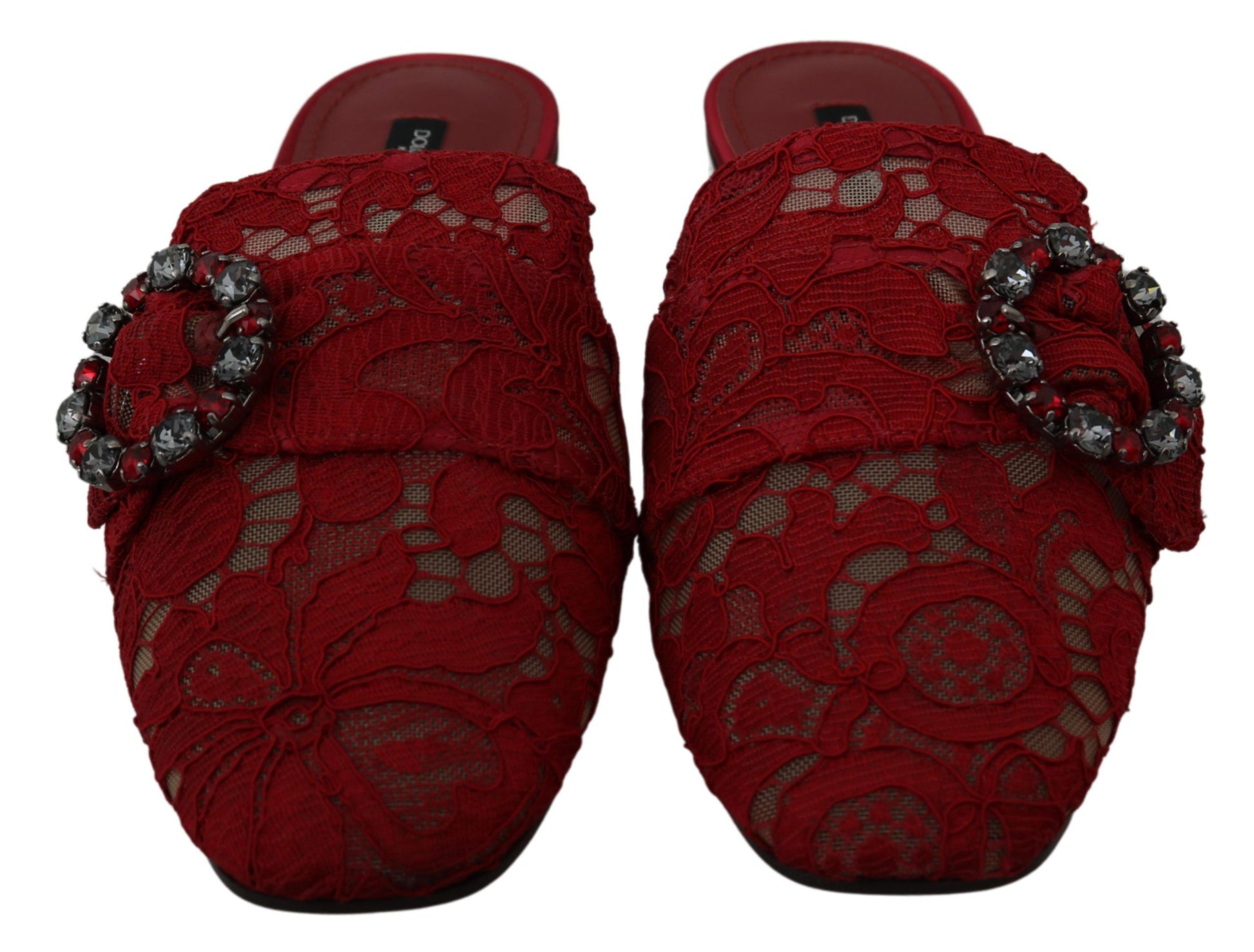 Dolce & Gabbana Red Lace Crystal Slide On Flats Shoes - Whispers Of Wisdom Clothing