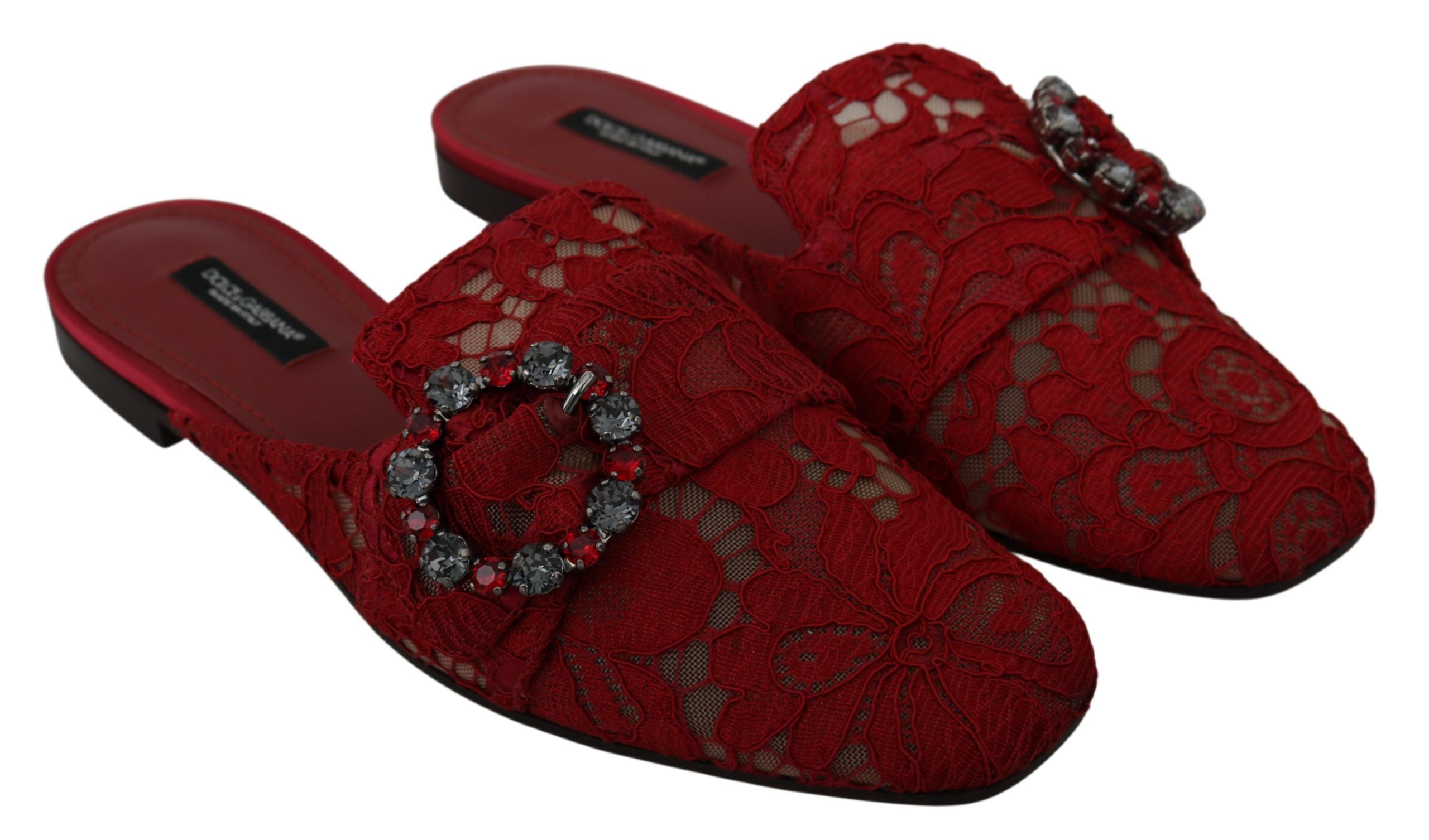 Dolce & Gabbana Red Lace Crystal Slide On Flats Shoes - Whispers Of Wisdom Clothing
