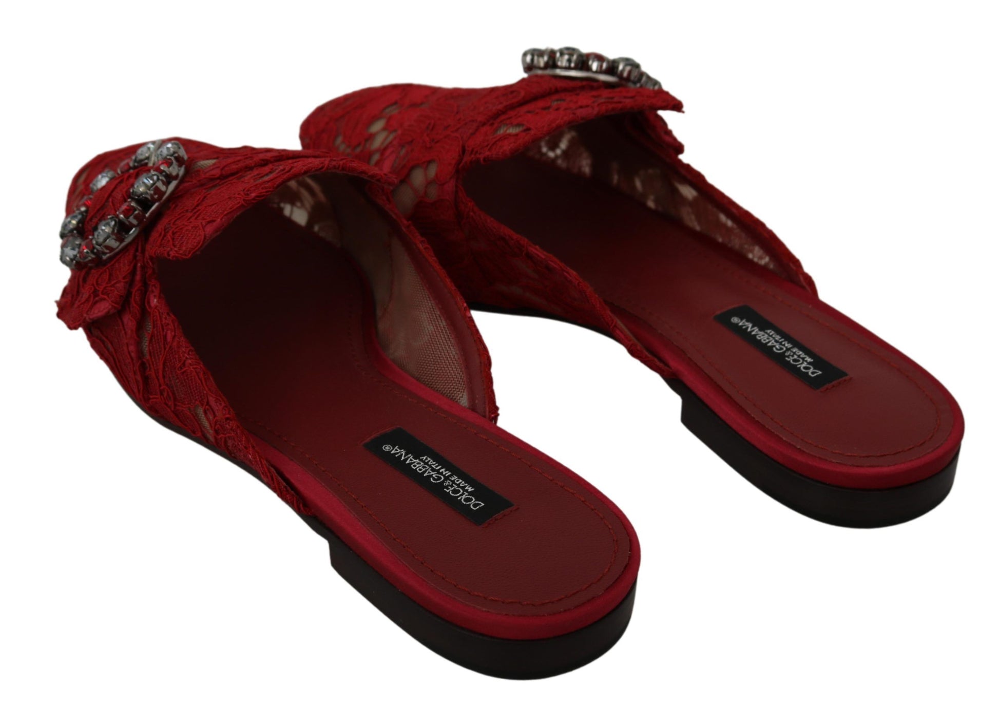 Dolce & Gabbana Red Lace Crystal Slide On Flats Shoes - Whispers Of Wisdom Clothing