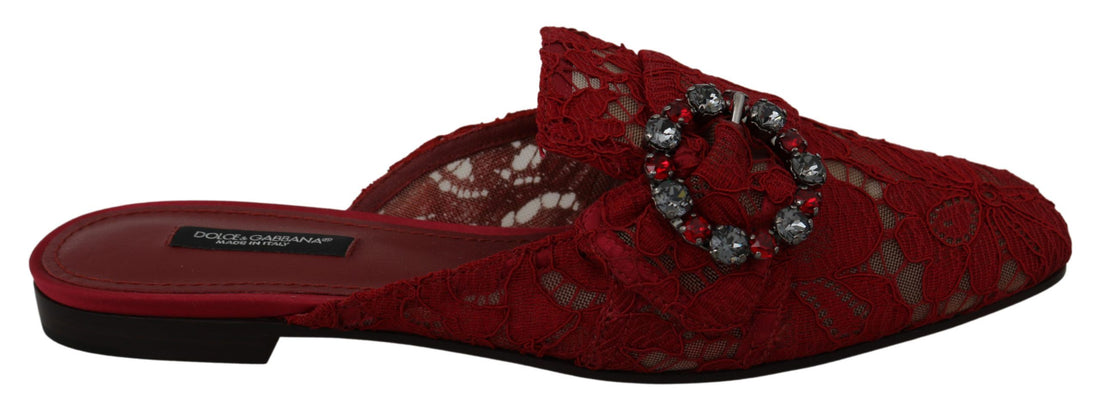 Dolce & Gabbana Red Lace Crystal Slide On Flats Shoes - Whispers Of Wisdom Clothing