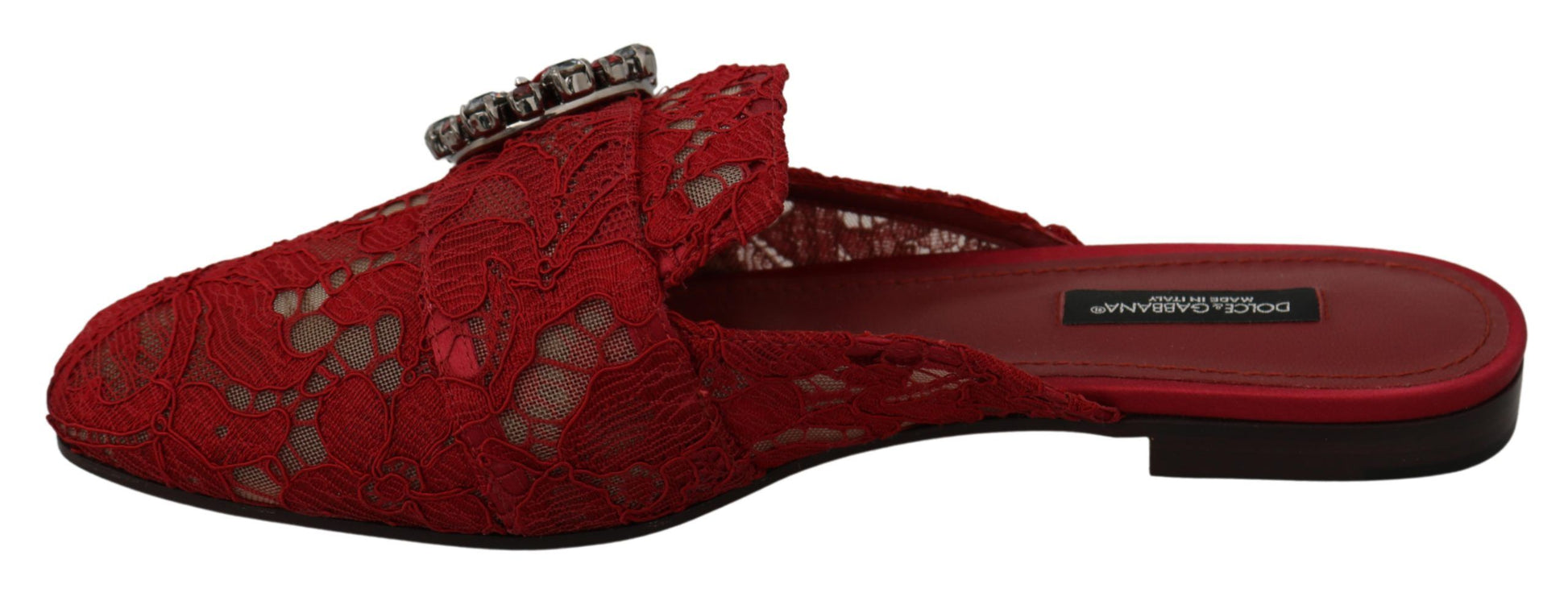 Dolce & Gabbana Red Lace Crystal Slide On Flats Shoes - Whispers Of Wisdom Clothing