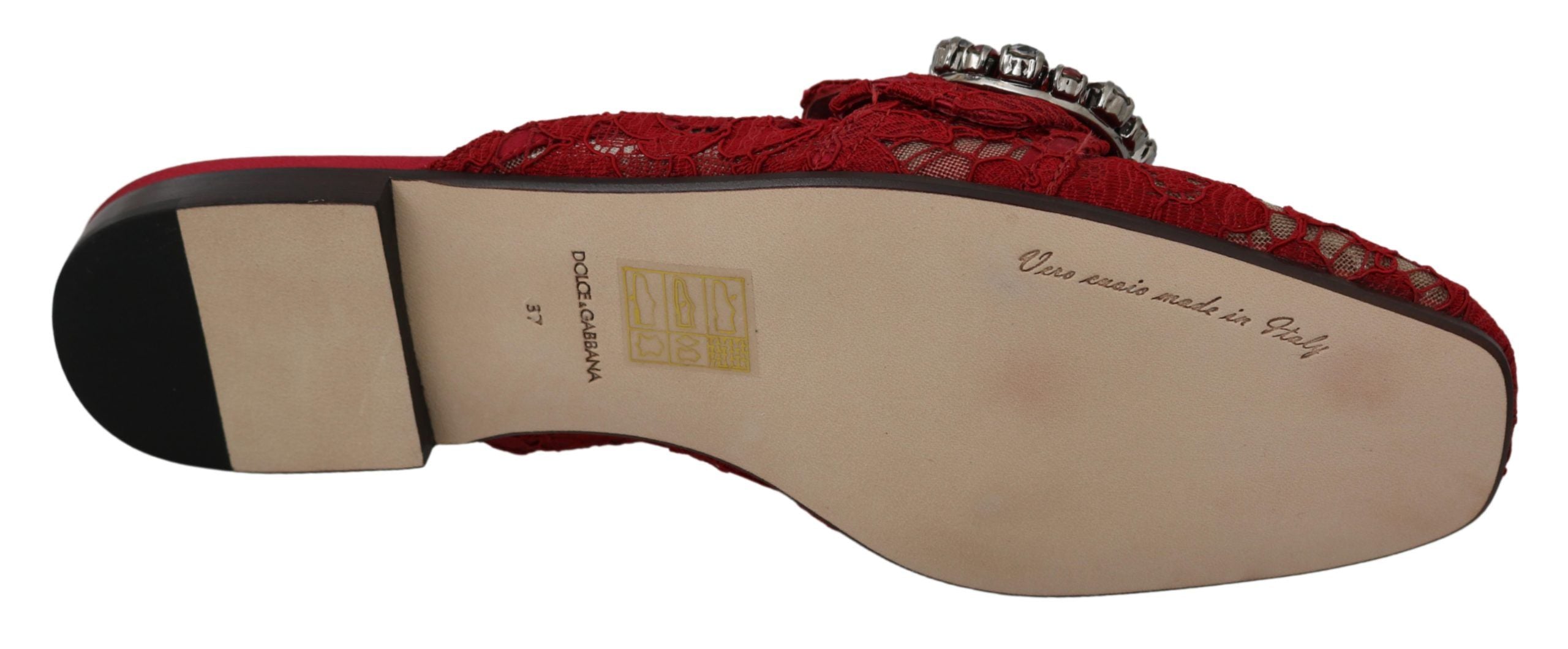 Dolce & Gabbana Red Lace Crystal Slide On Flats Shoes - Whispers Of Wisdom Clothing