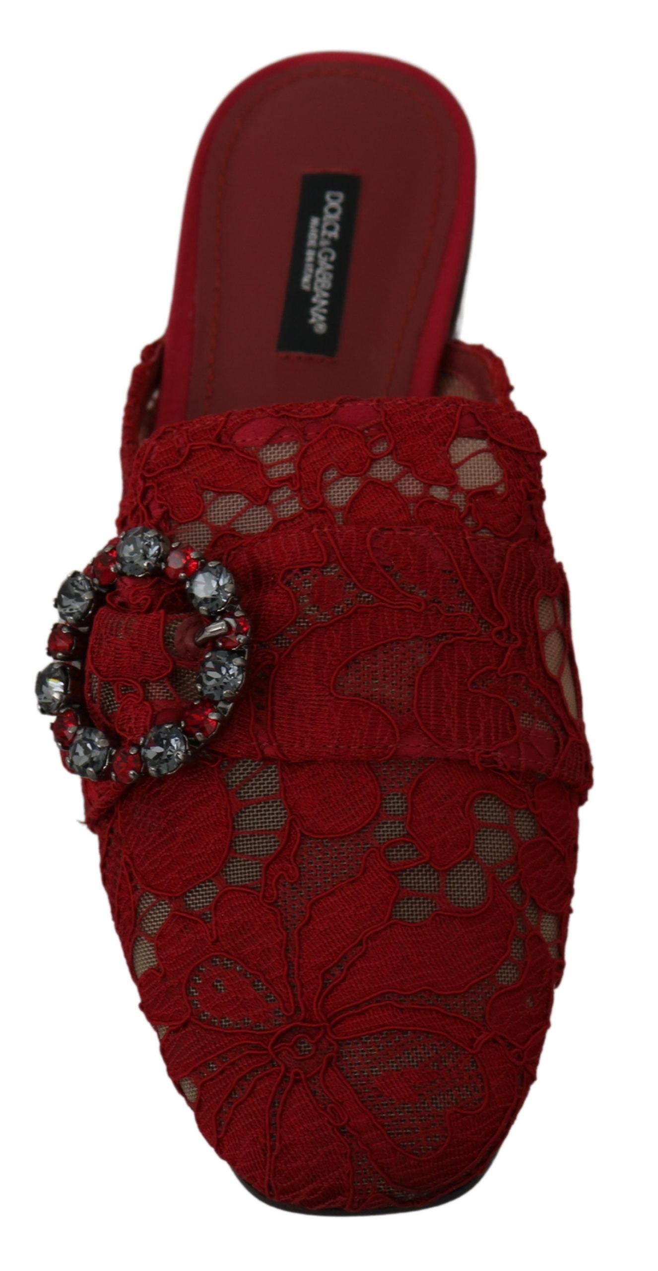 Dolce & Gabbana Red Lace Crystal Slide On Flats Shoes - Whispers Of Wisdom Clothing