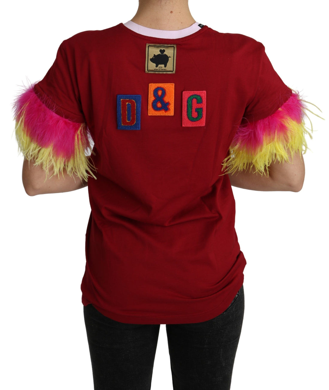 Dolce & Gabbana Red Pig Print Feather Sleeves T-shirt Top - Whispers Of Wisdom Clothing