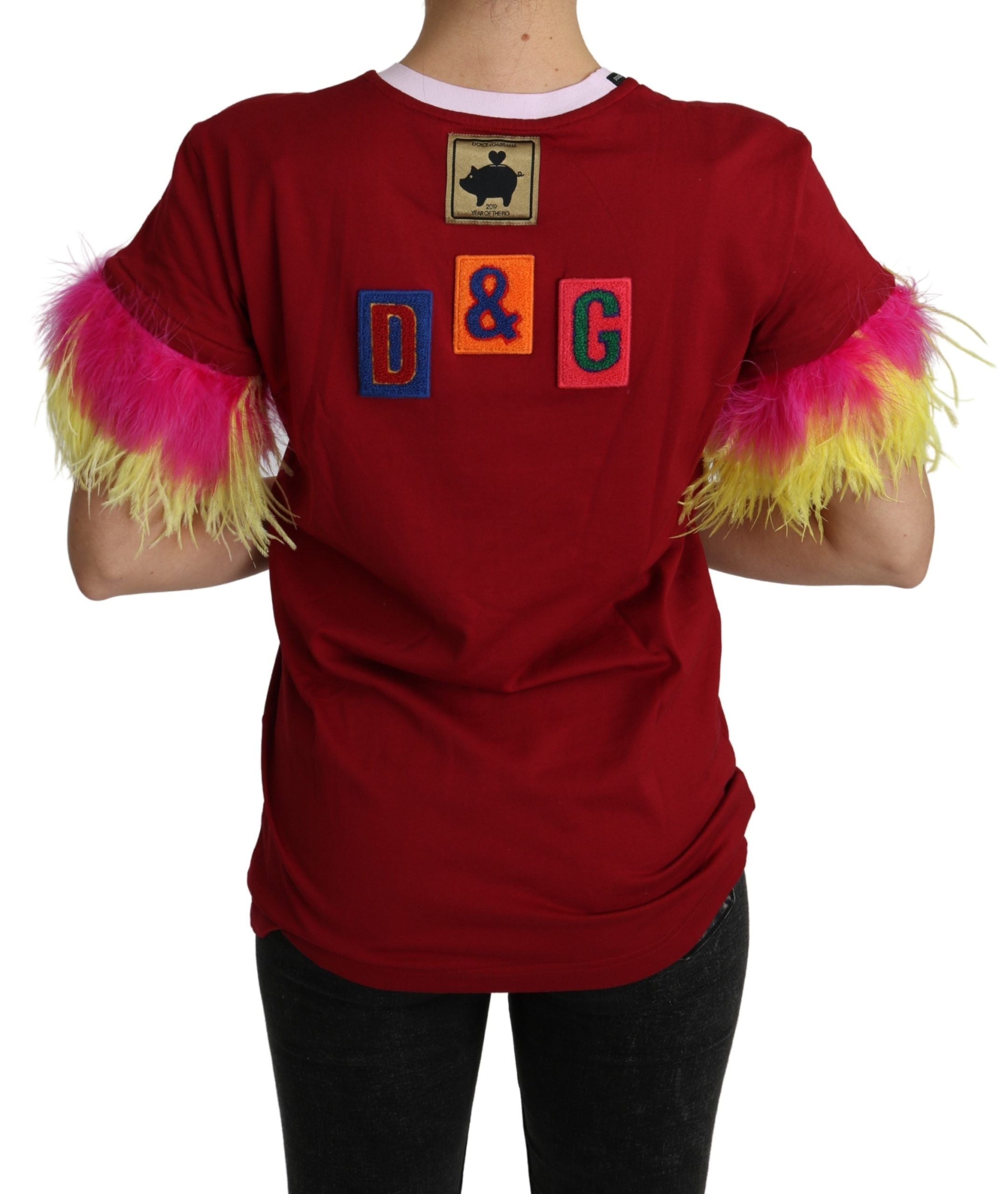Dolce & Gabbana Red Pig Print Feather Sleeves T-shirt Top - Whispers Of Wisdom Clothing