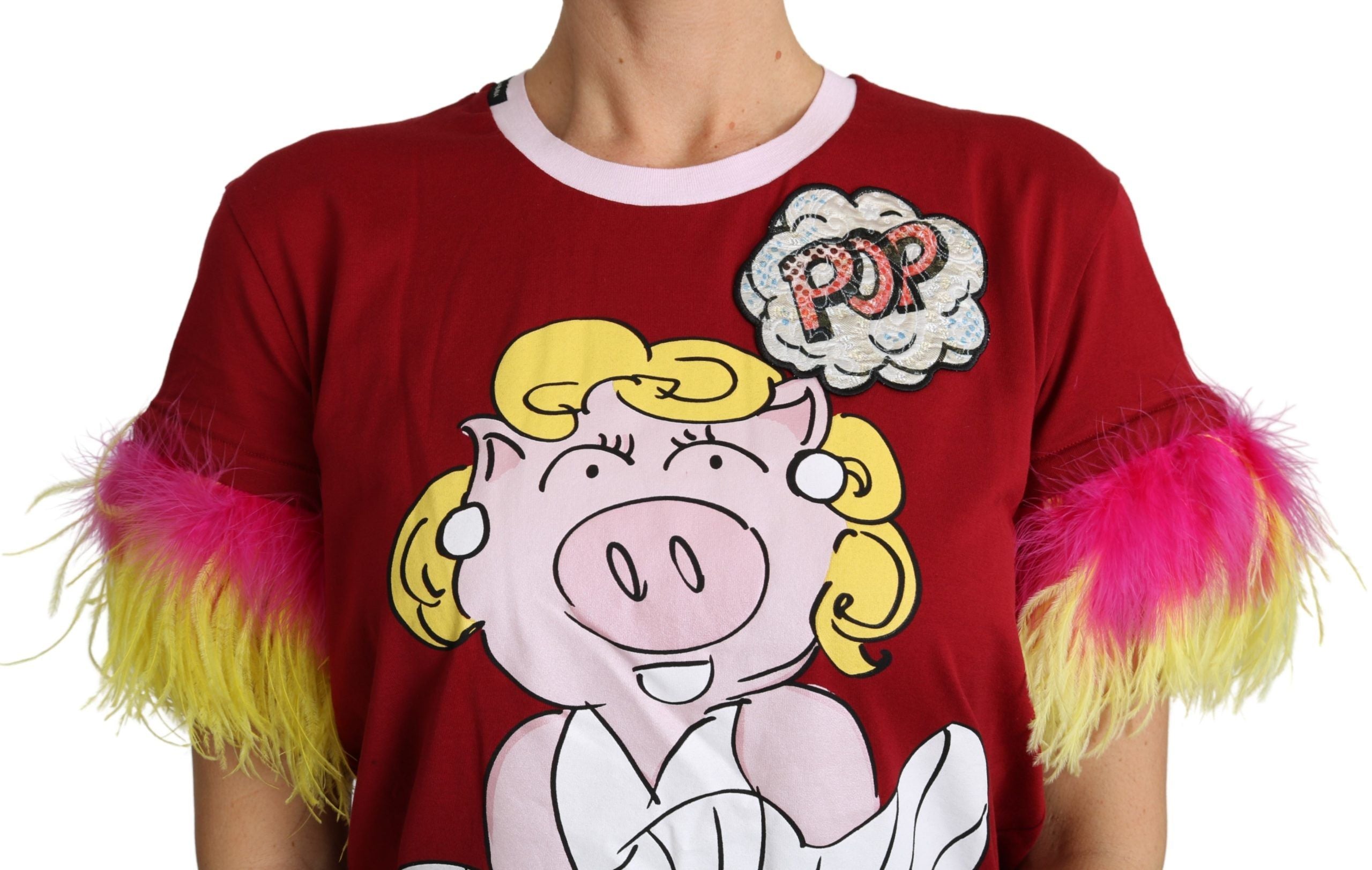 Dolce & Gabbana Red Pig Print Feather Sleeves T-shirt Top - Whispers Of Wisdom Clothing